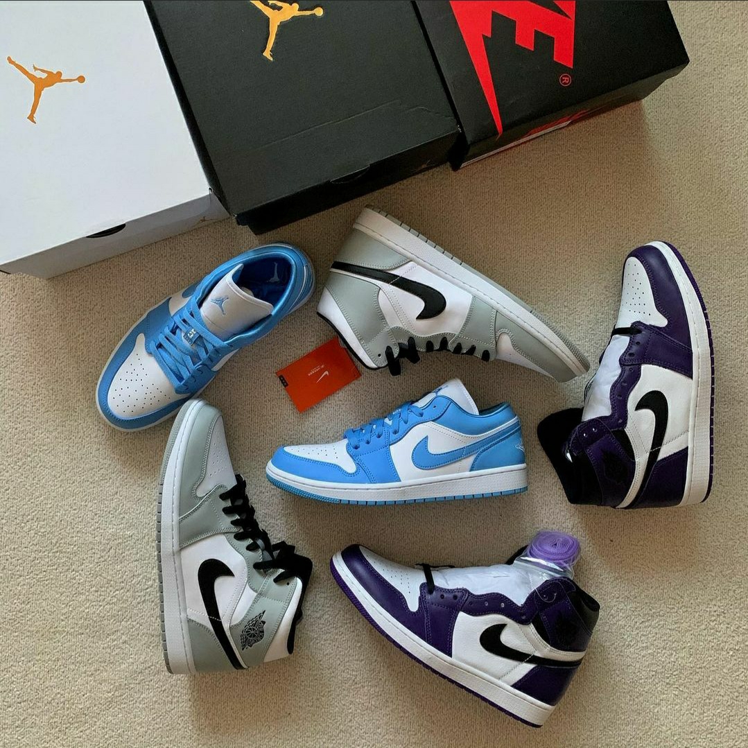 Jordan 1 Retro High OG Court Purple 2020, Jordan 1 Mid Light Smoke Grey 착용 스타일