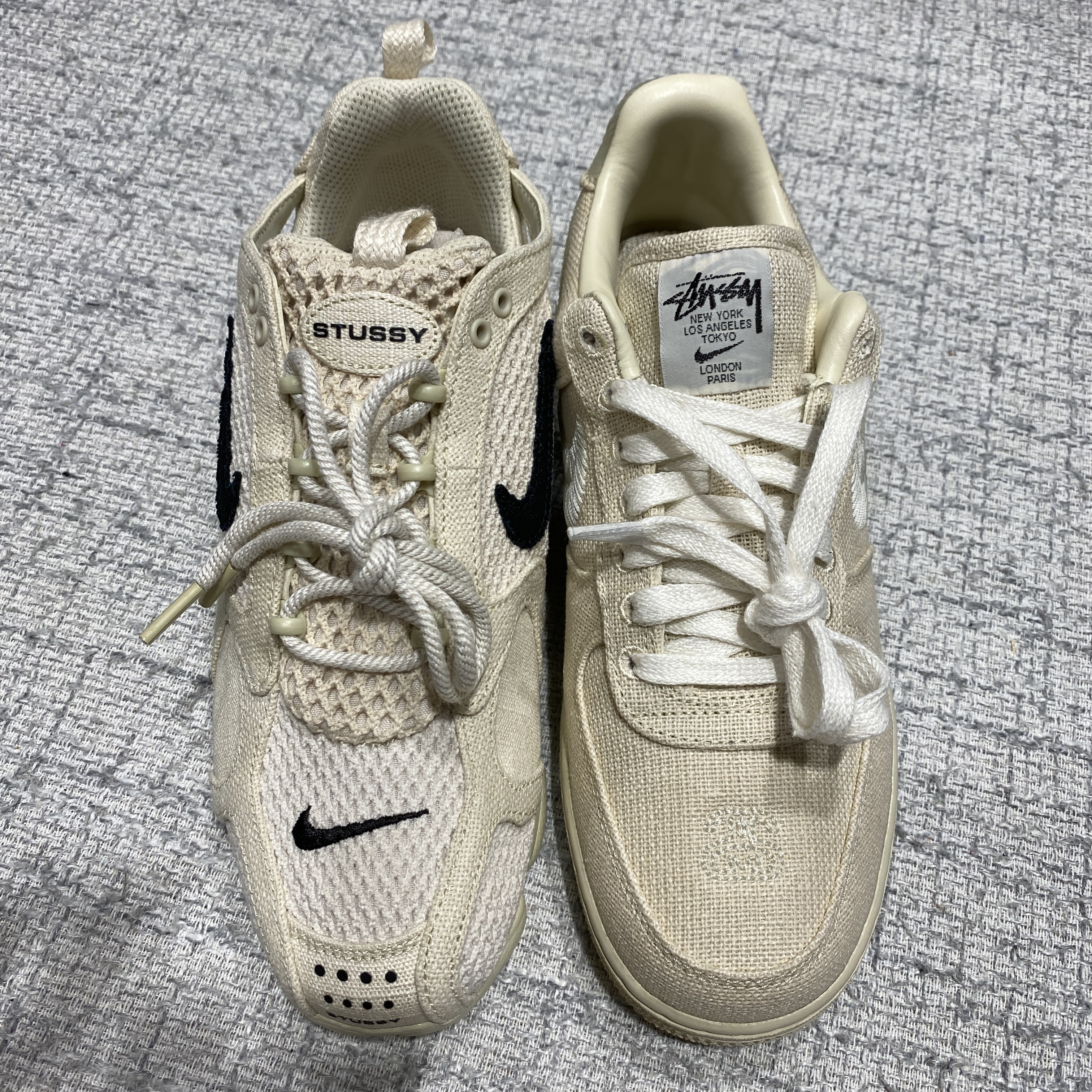 Nike x Stussy Air Force 1 Low Fossil, Nike x Stussy Air Zoom Spiridon Cage 2 Fossil 착용 스타일