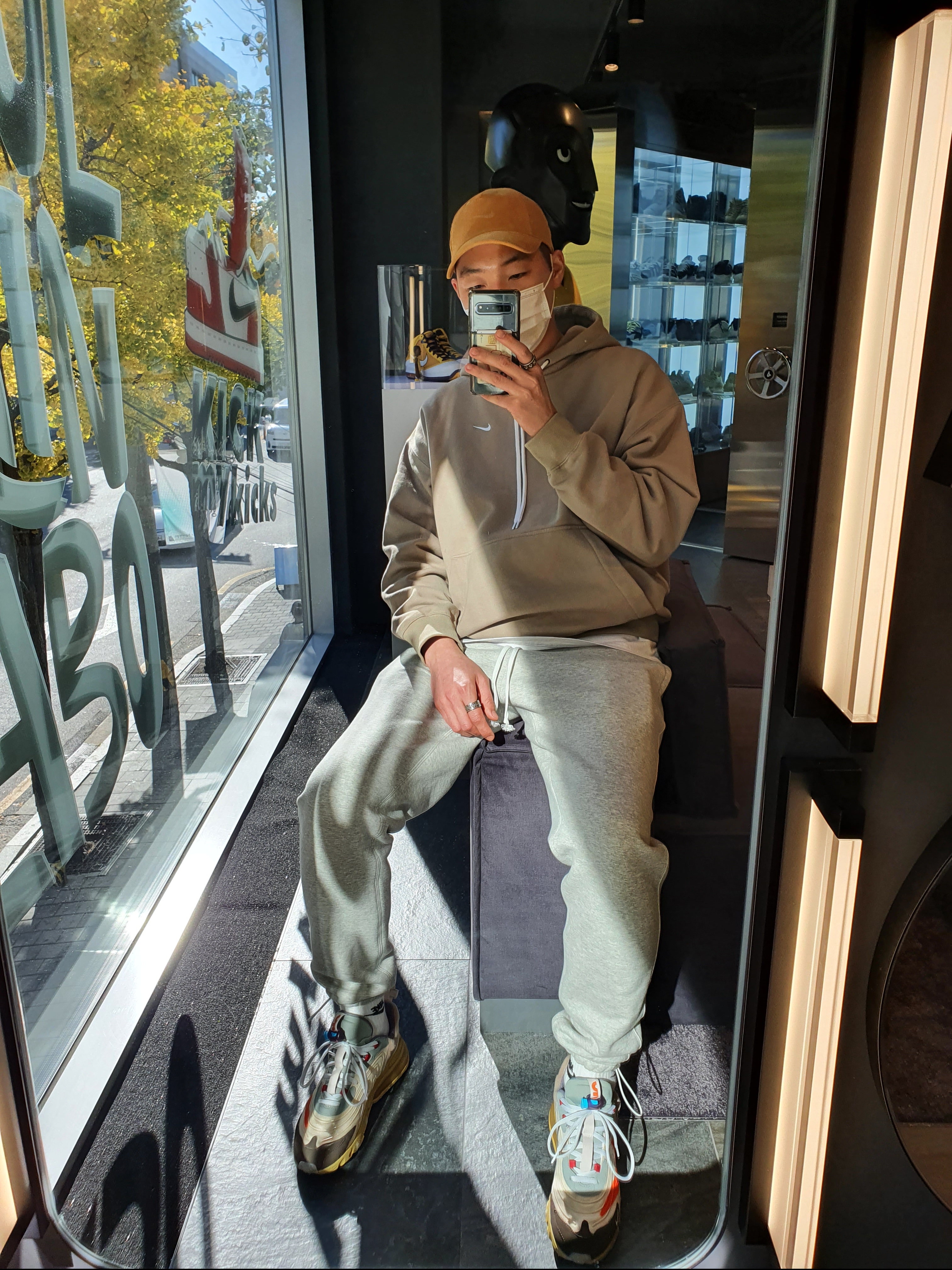 Nike M NRG Hoodie Khaki, Nike x Stussy NRG ZR Fleece Pants Heather Grey - US/EU 착용 스타일