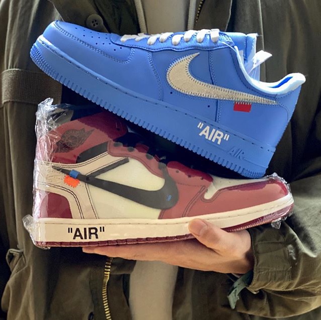 Jordan 1 x Off-White Retro High Chicago The Ten, Nike x Off-White Air Force 1 Low MCA University Blue 착용 스타일