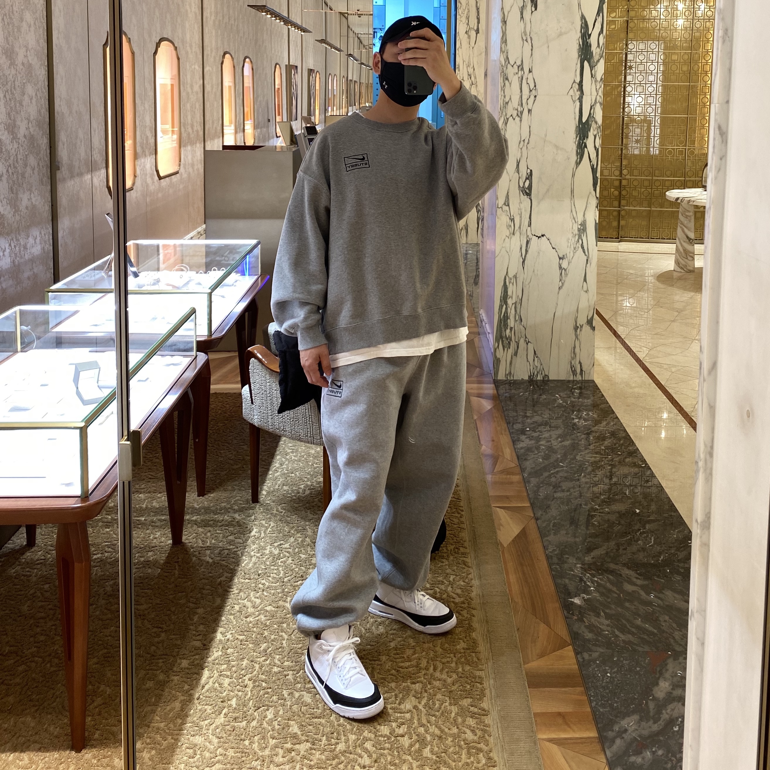 Nike x Stussy NRG BR Crew Fleece Grey, Nike x Stussy NRG BR Fleece Pants Grey 착용 스타일