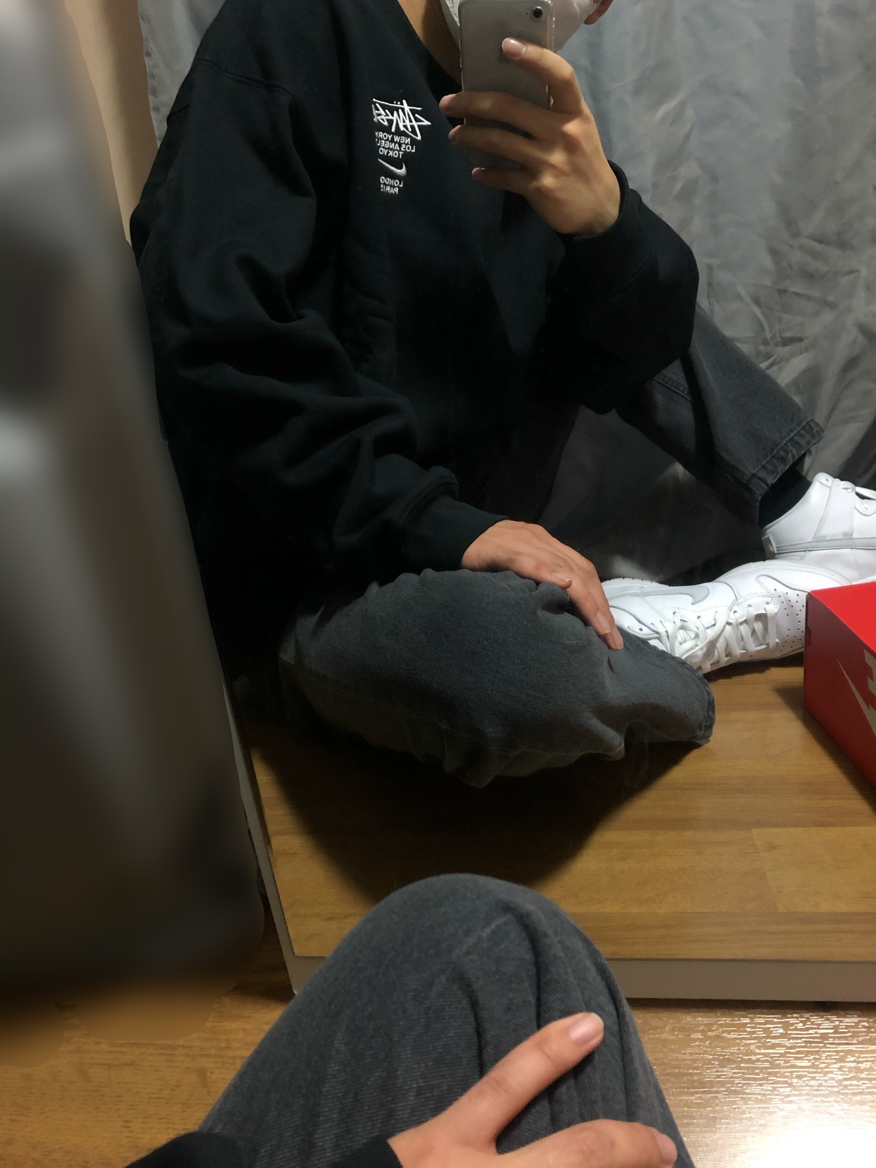 Nike x Stussy NRG ZR Fleece Crewneck Black - US/EU, Nike Dunk High SP Pure Platinum 착용 스타일 - 1