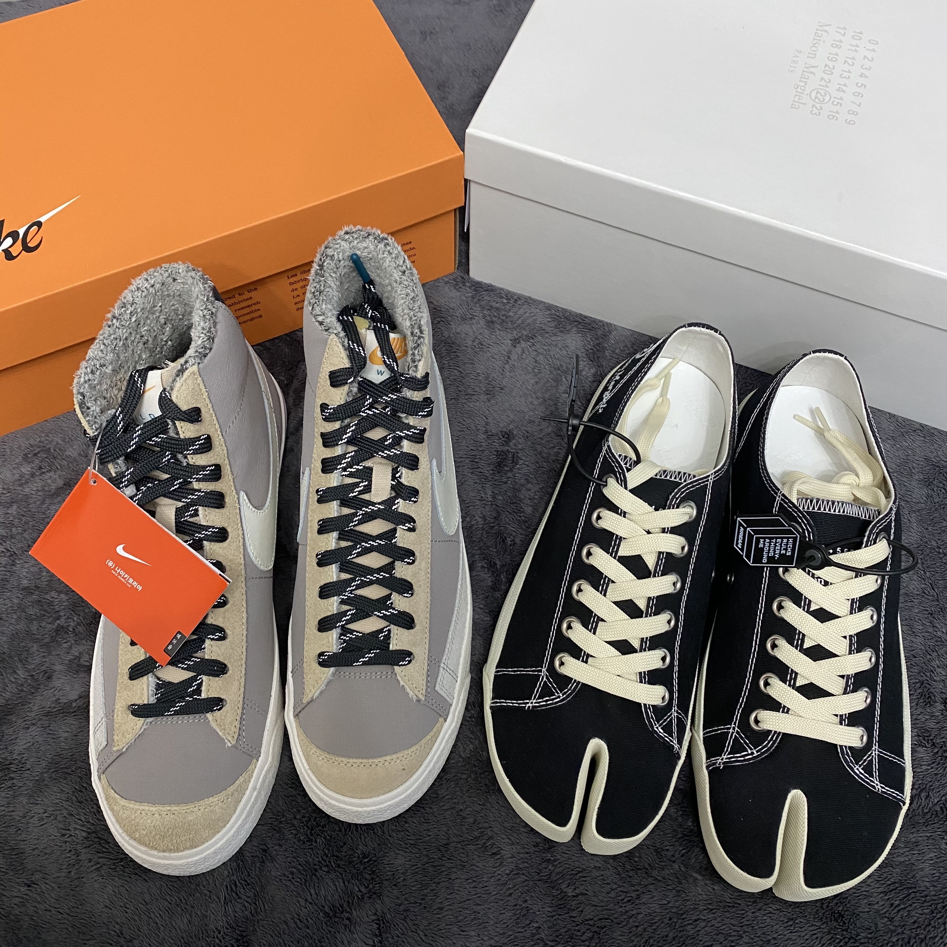 Nike Blazer Mid '77 Vintage SE College Grey, Maison Margiela Tabi Low Black 착용 스타일