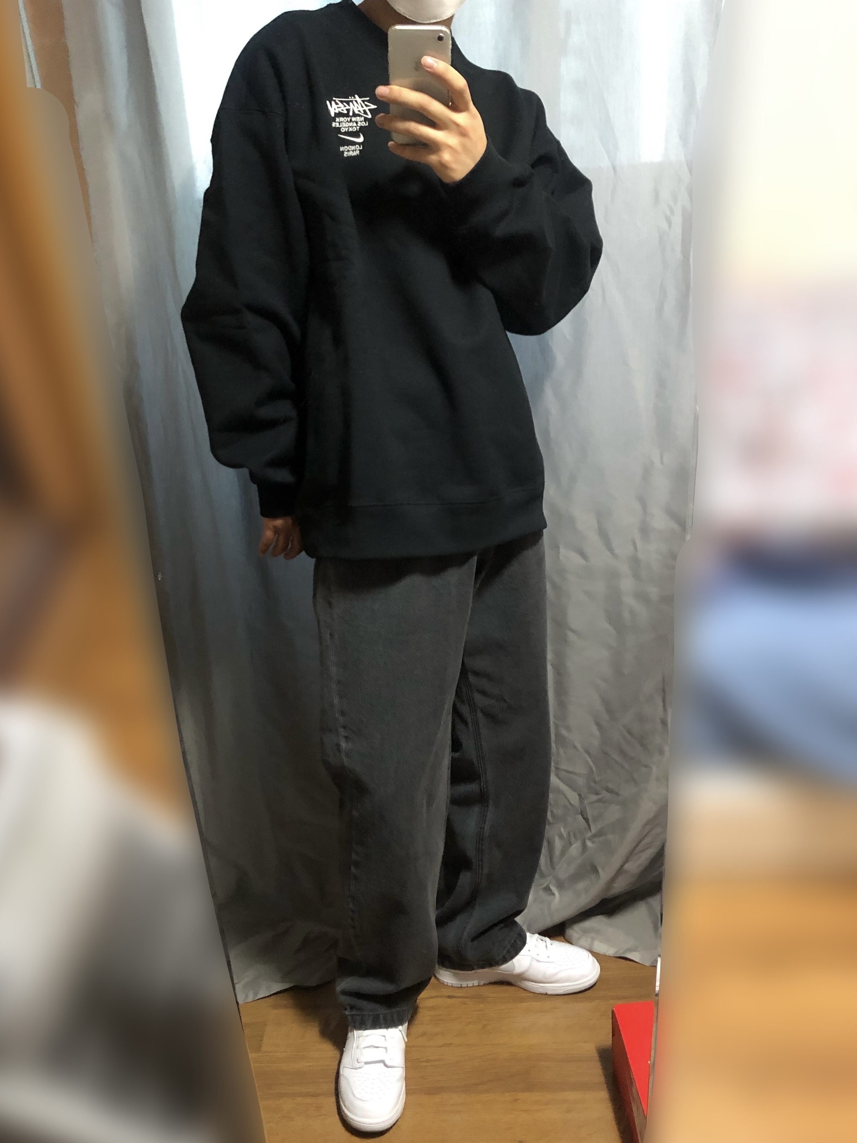 Nike x Stussy NRG ZR Fleece Crewneck Black - US/EU, Nike Dunk High SP Pure Platinum 착용 스타일 - 2