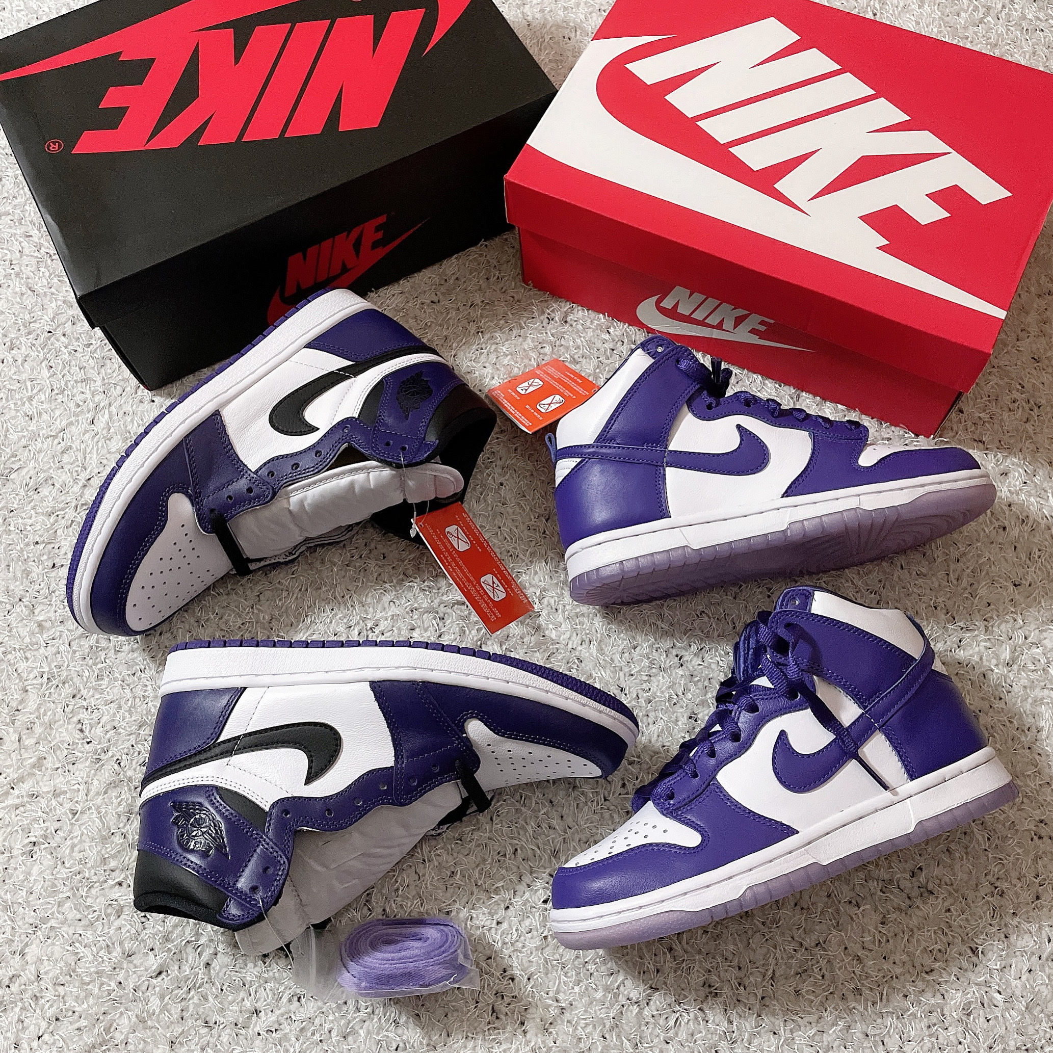 Jordan 1 Retro High OG Court Purple 2020, (W) Nike Dunk High SP Varsity Purple 착용 스타일