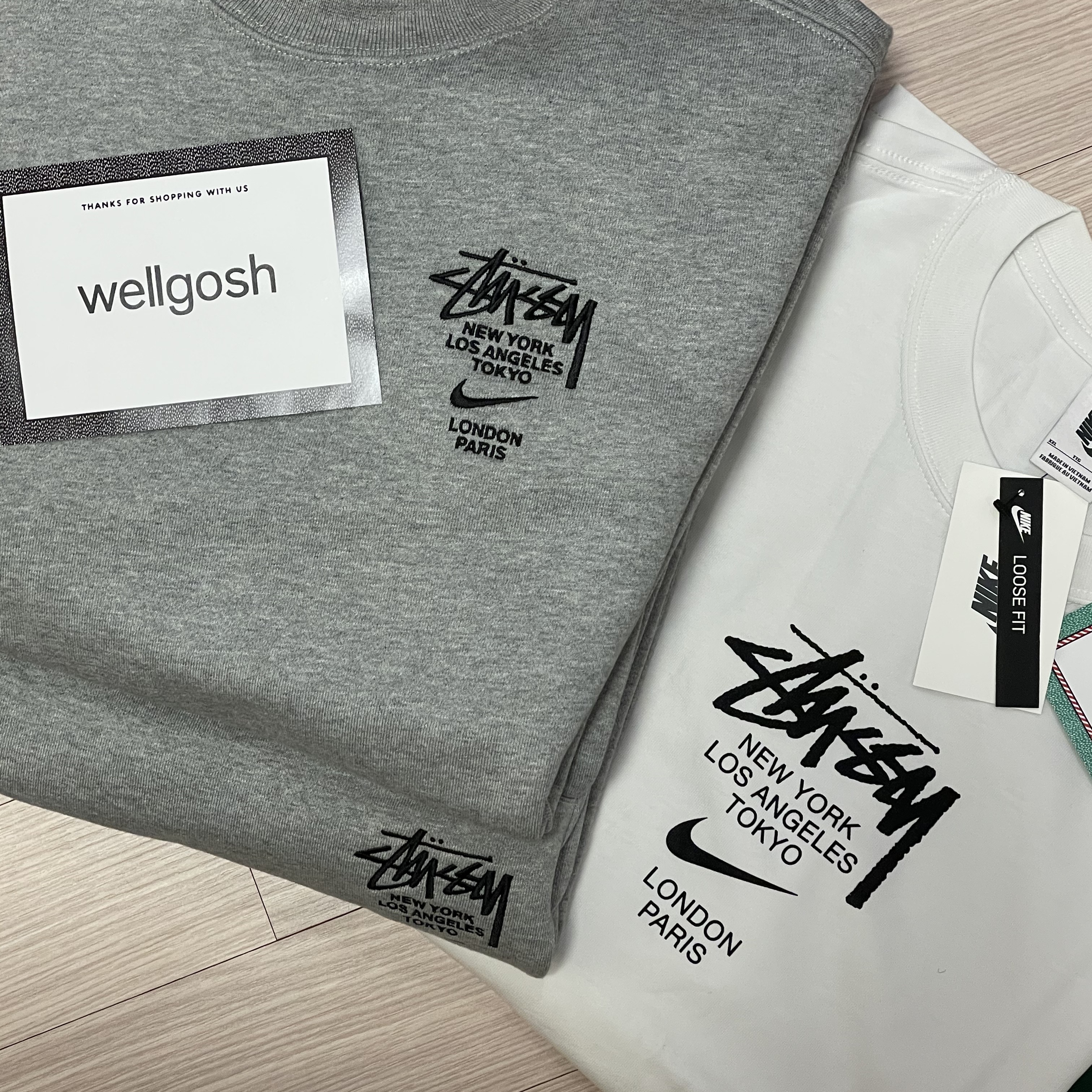 Nike x Stussy WT T-Shirt White - US/EU, Nike x Stussy NRG ZR Fleece Crewneck Heather Grey - US/EU 착용 스타일 - 3