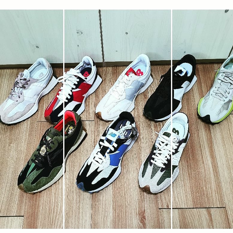 (W) New Balance 327 Grey Beige, New Balance 327 White Silver Gum 착용 스타일