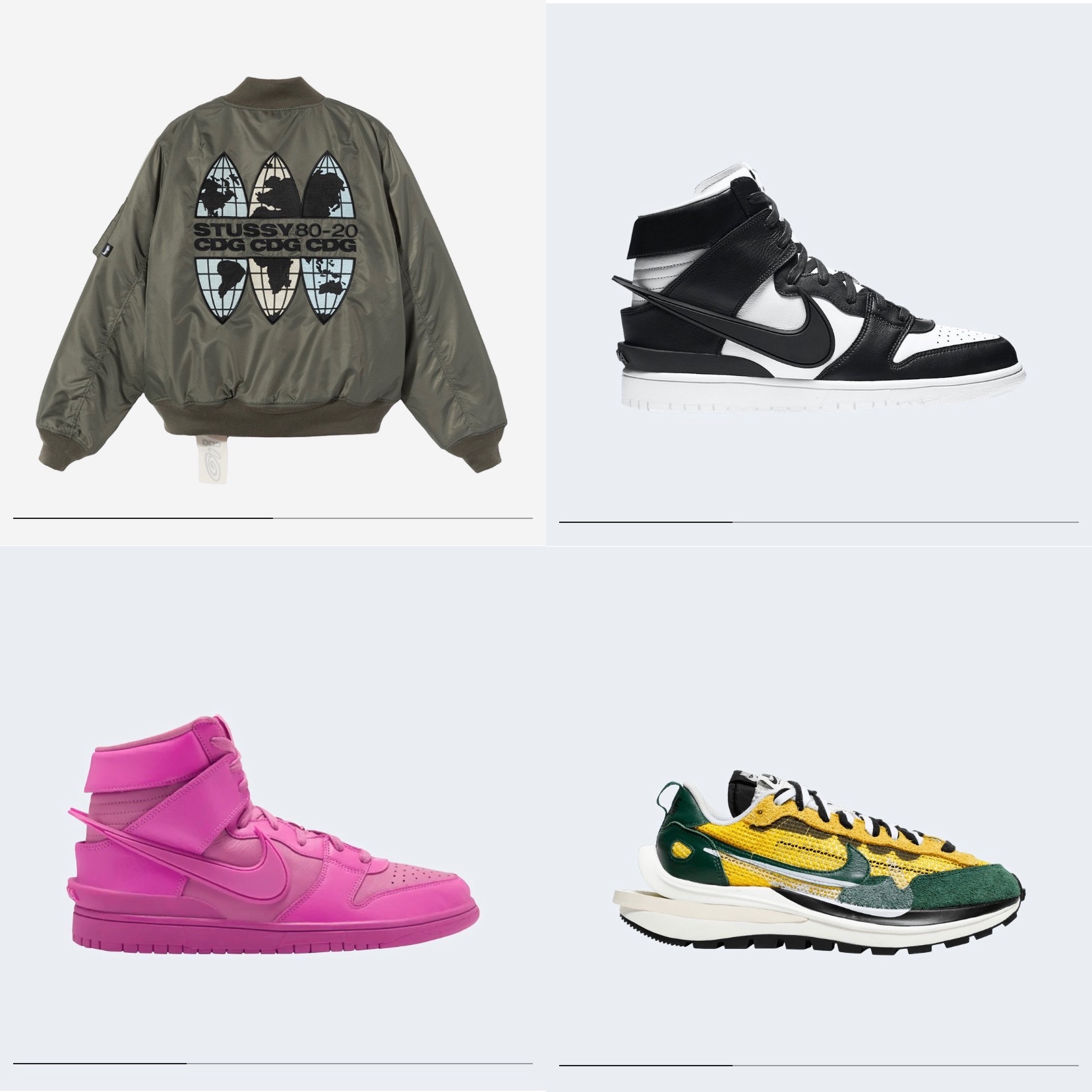 Stussy x CDG MA-1 Jacket Olive, Nike x Ambush Dunk High Black 착용 스타일