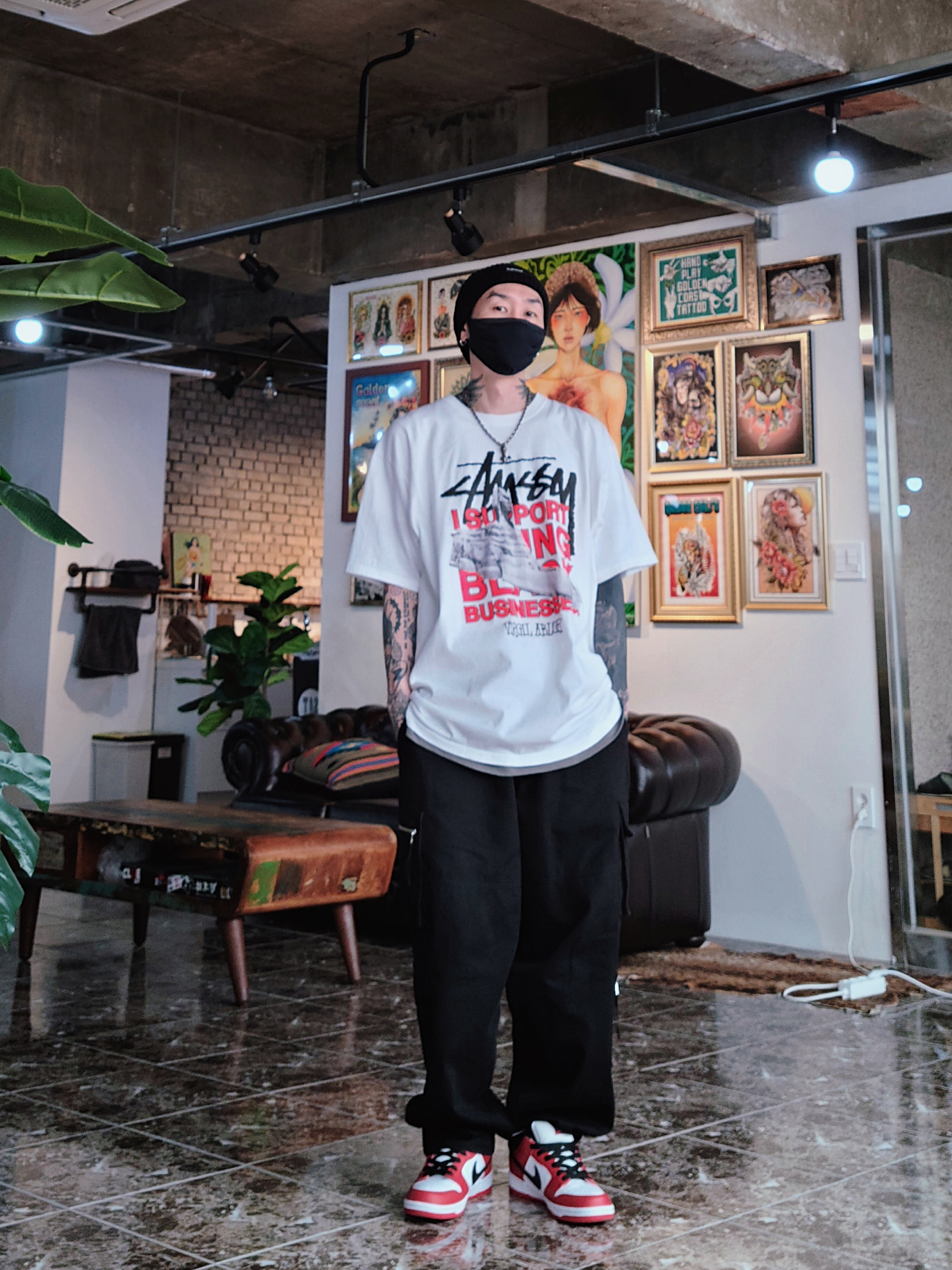 Supreme Cashmere Beanie Black - 20FW, Stussy x Off-White 40 WT T-Shirt 착용 스타일