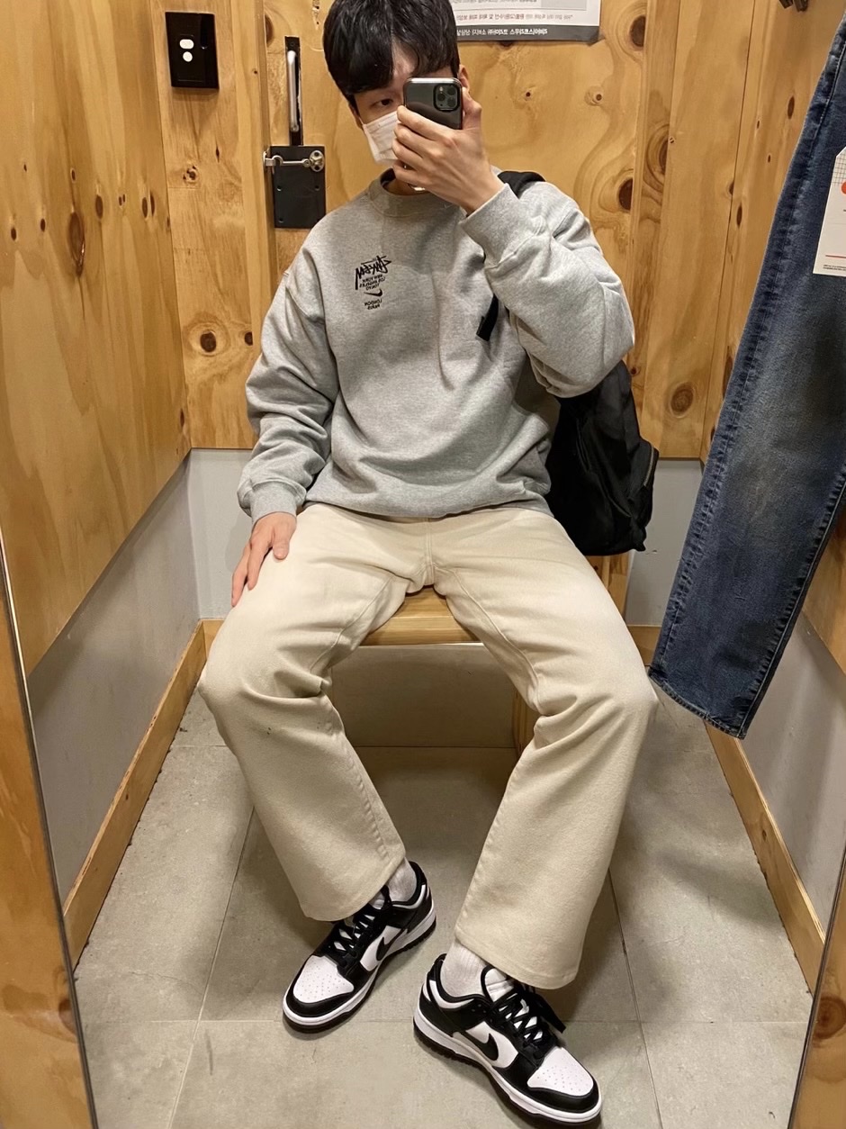 Nike x Stussy NRG ZR Fleece Crewneck Heather Grey - US/EU, Nike Dunk Low Retro Black 착용 스타일 - 2