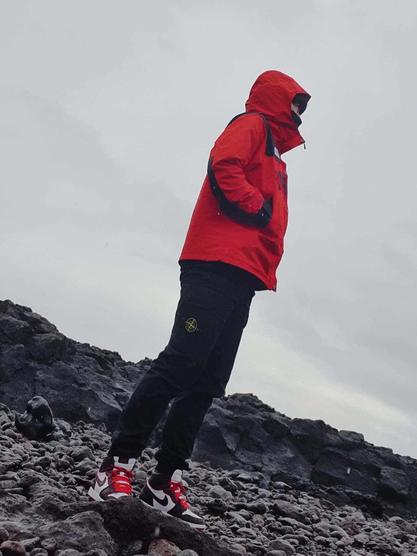 Jordan 1 Retro High OG Bloodline, Supreme x The North Face Arc Logo Mountain Parka Red - 19SS 착용 스타일