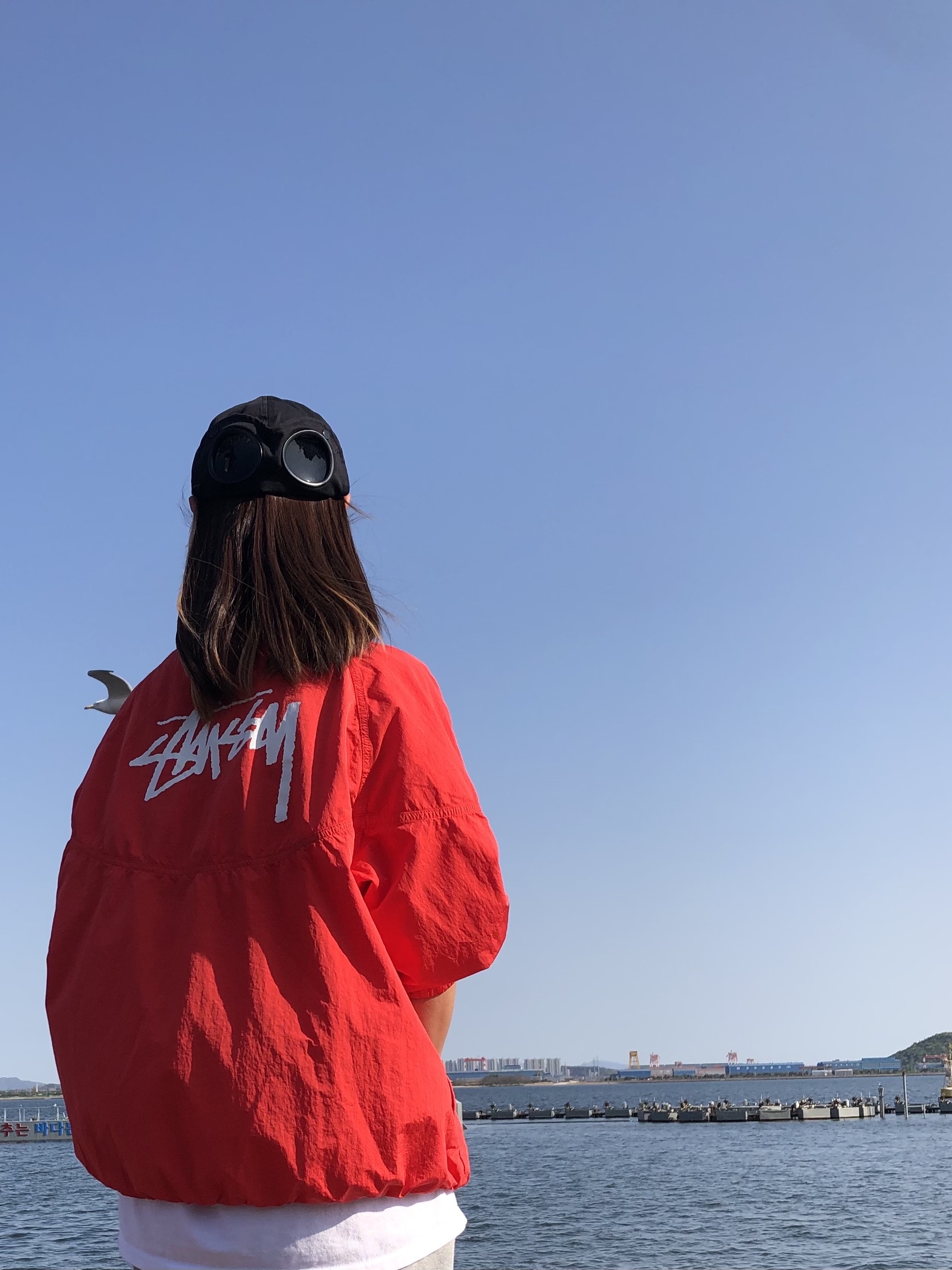 (W) Jordan 1 Mid Gym Red Black, Nike x Stussy Windrunner Jacket Habanero Red 착용 스타일 - 2