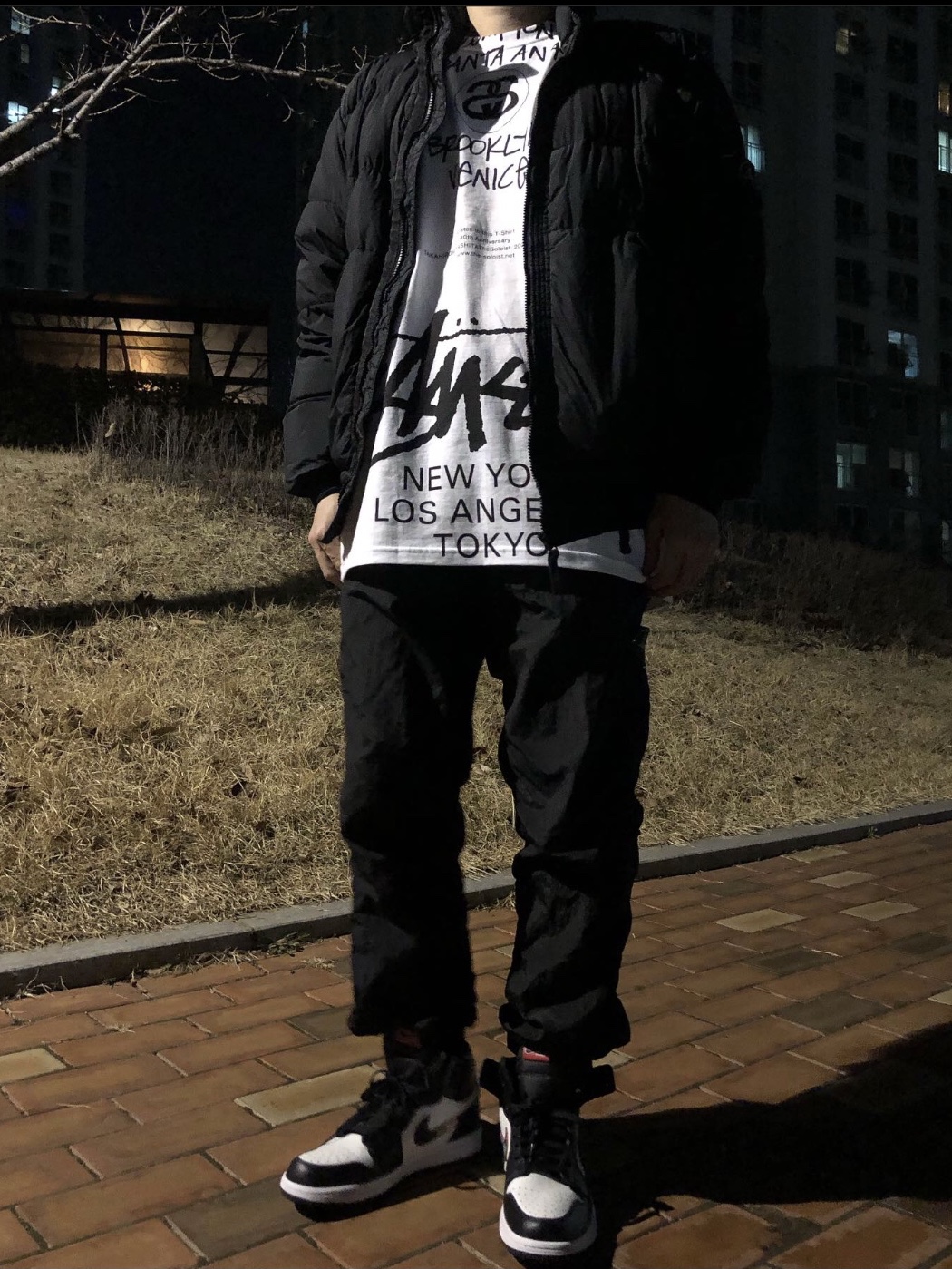 Stussy x Takahiromiyashita The Soloist 40 WT T-Shirt, Jordan 1 Retro High OG A Star Is Born 착용 스타일