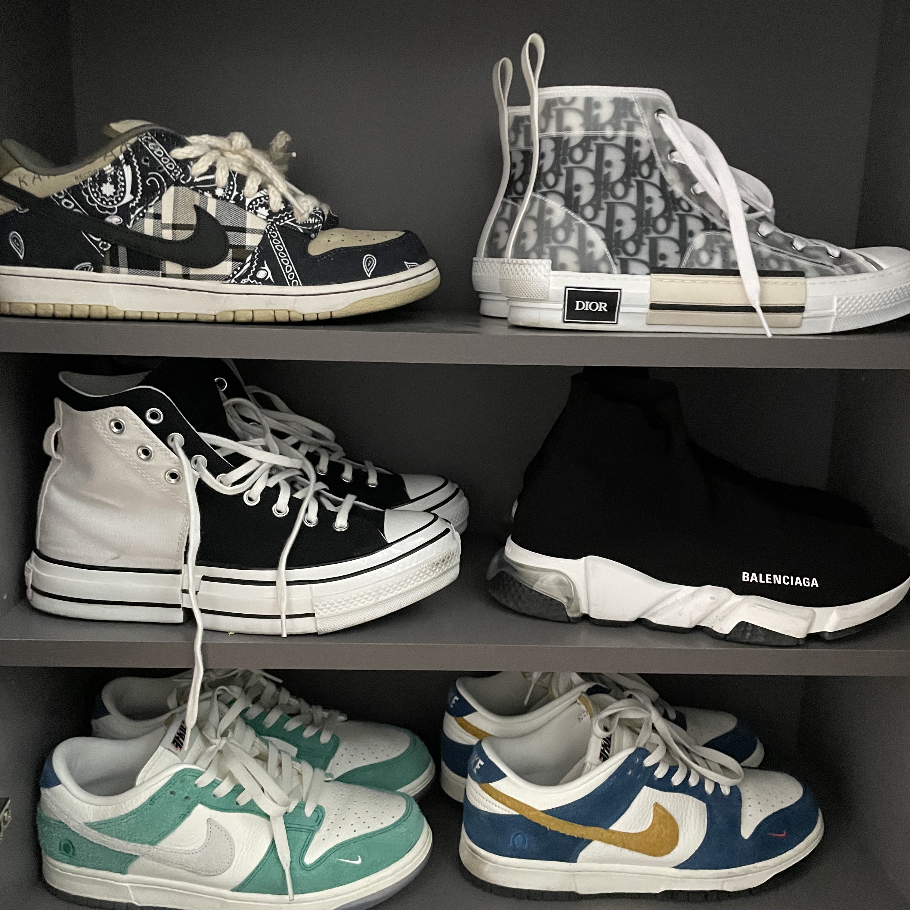 Nike x Travis Scott SB Dunk Low, Dior B23 High Dior Oblique White & Black 착용 스타일
