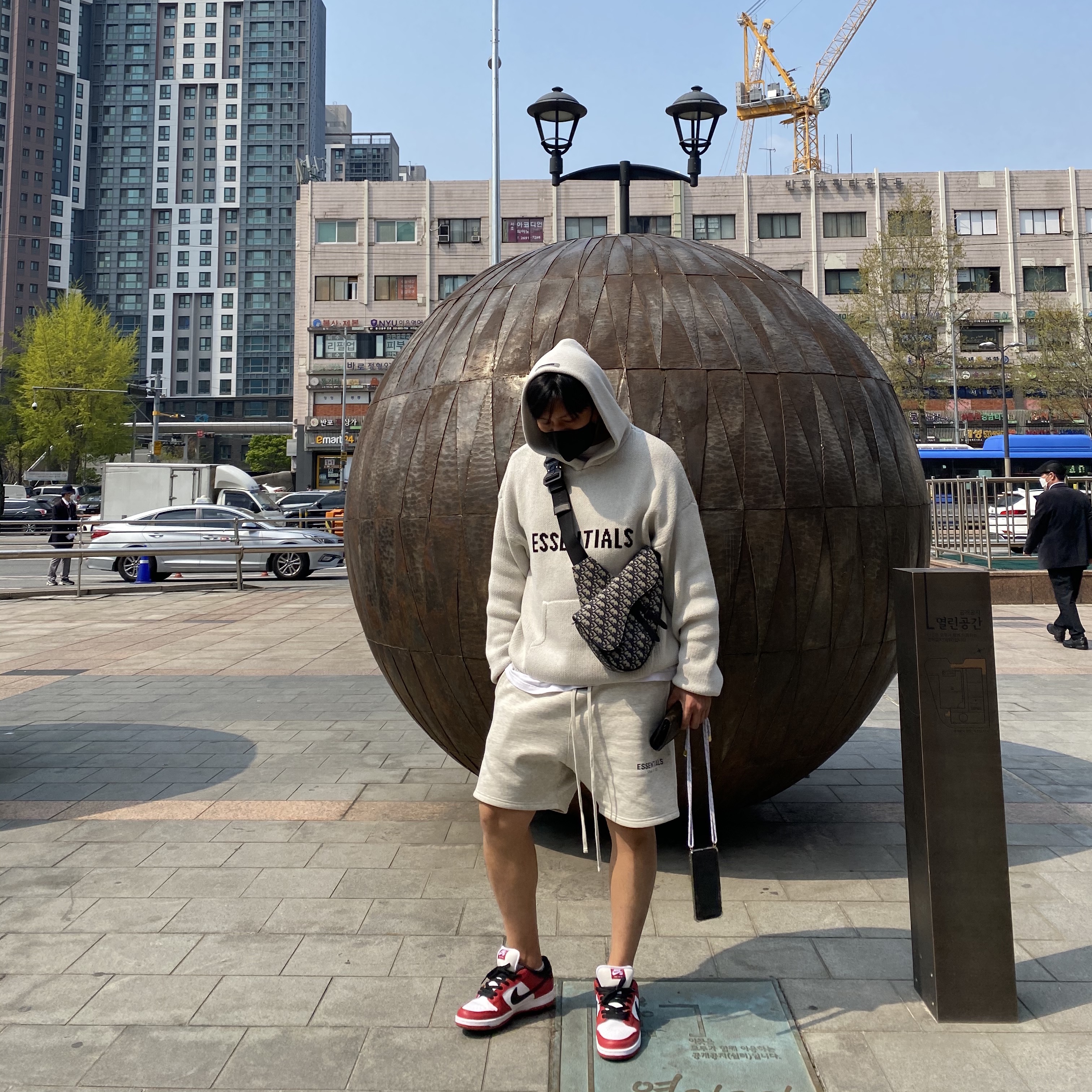 Nike SB Dunk Low Pro Chicago, Essentials Fleece Shorts Oatmeal Heather - 20FW 착용 스타일