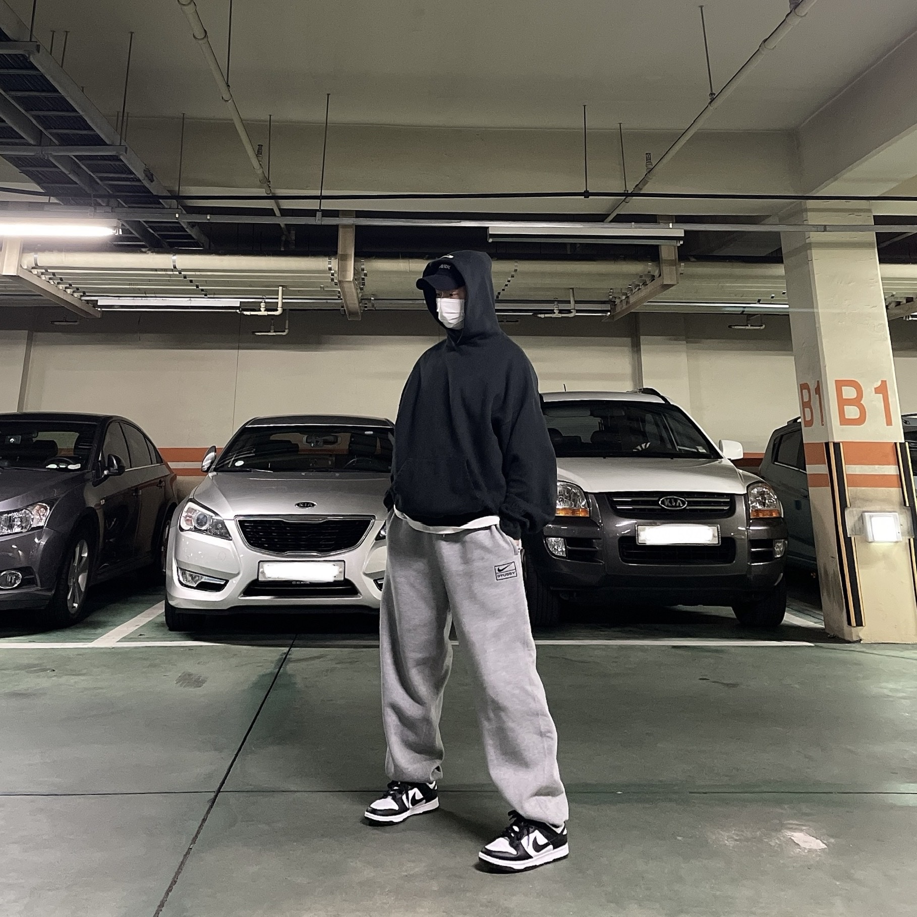Nike x Stussy NRG BR Fleece Pants Grey, Nike Dunk Low Retro Black 착용 스타일 - 2