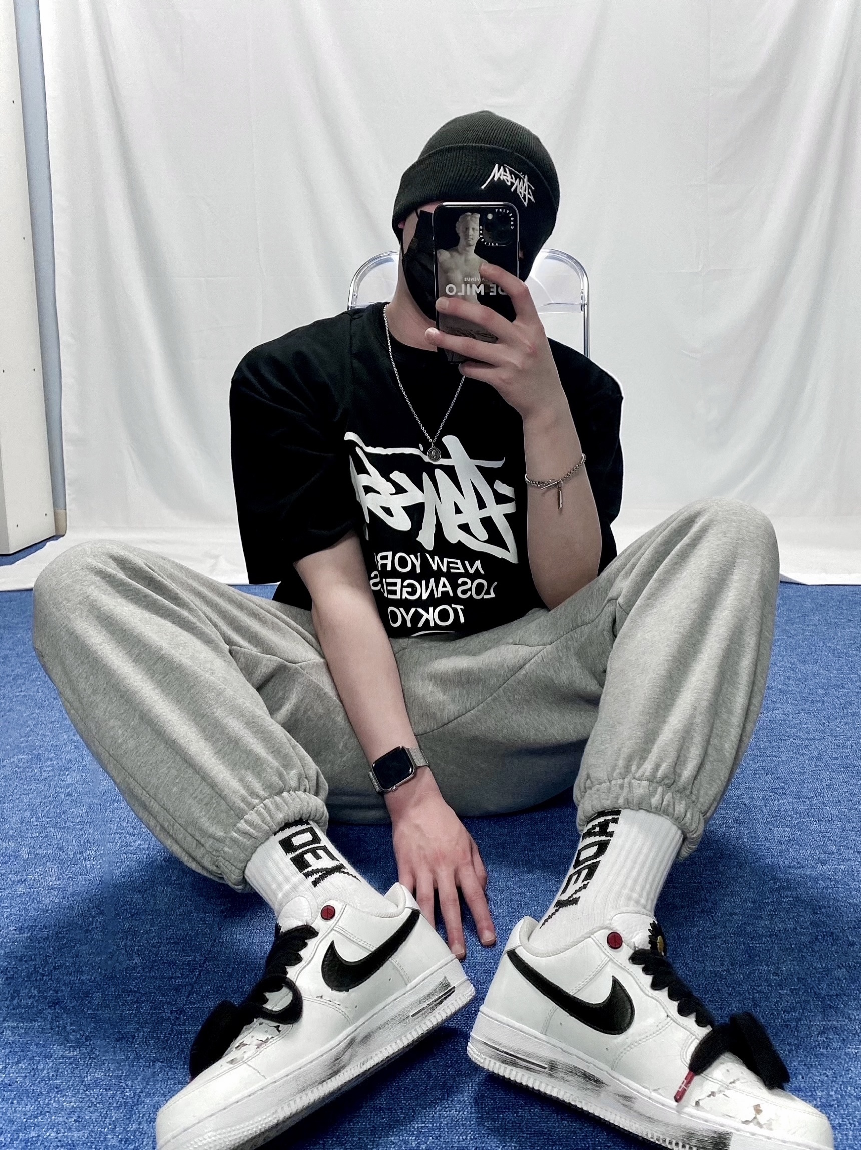 Nike x Peaceminusone Air Force 1 Low Para-Noise 2.0, Nike x Stussy Cuff Beanie Black 착용 스타일