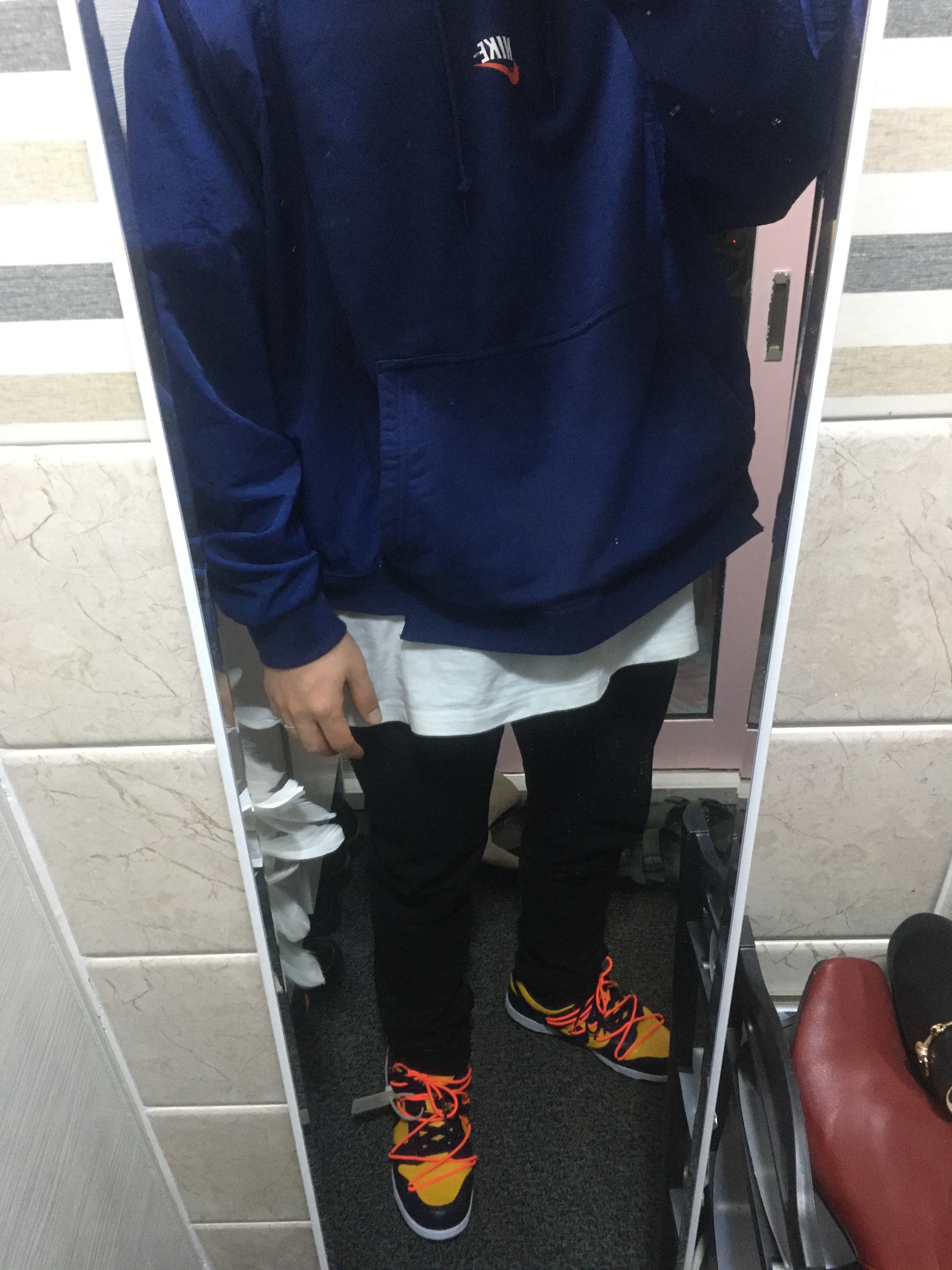 Nike NSW Hoodie BRS Midnight Navy, Nike x Off-White Dunk Low University Gold Midnight Navy 착용 스타일 - 1