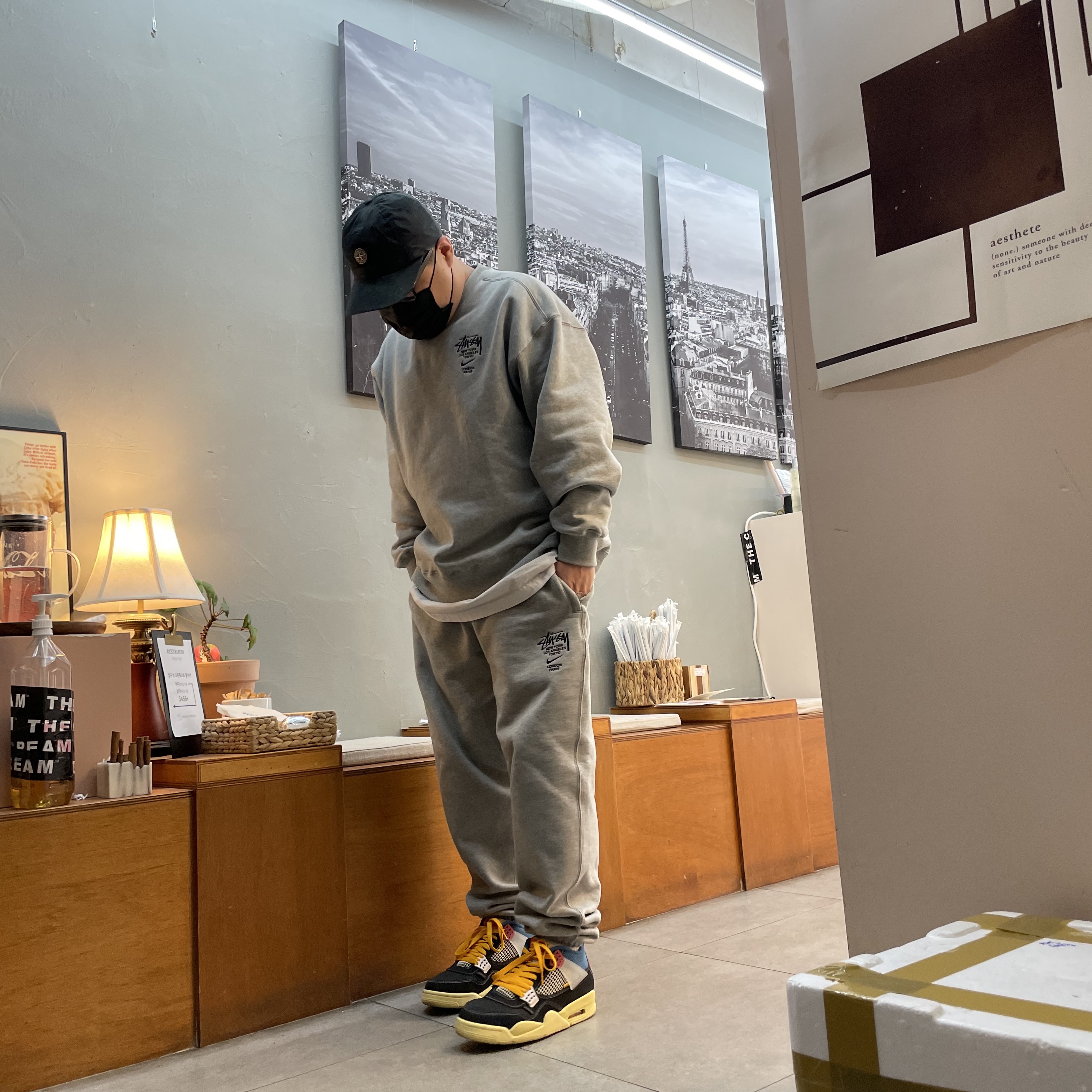 Jordan 4 x Union Retro Off Noir, Nike x Stussy NRG ZR Fleece Pants Heather Grey - US/EU 착용 스타일