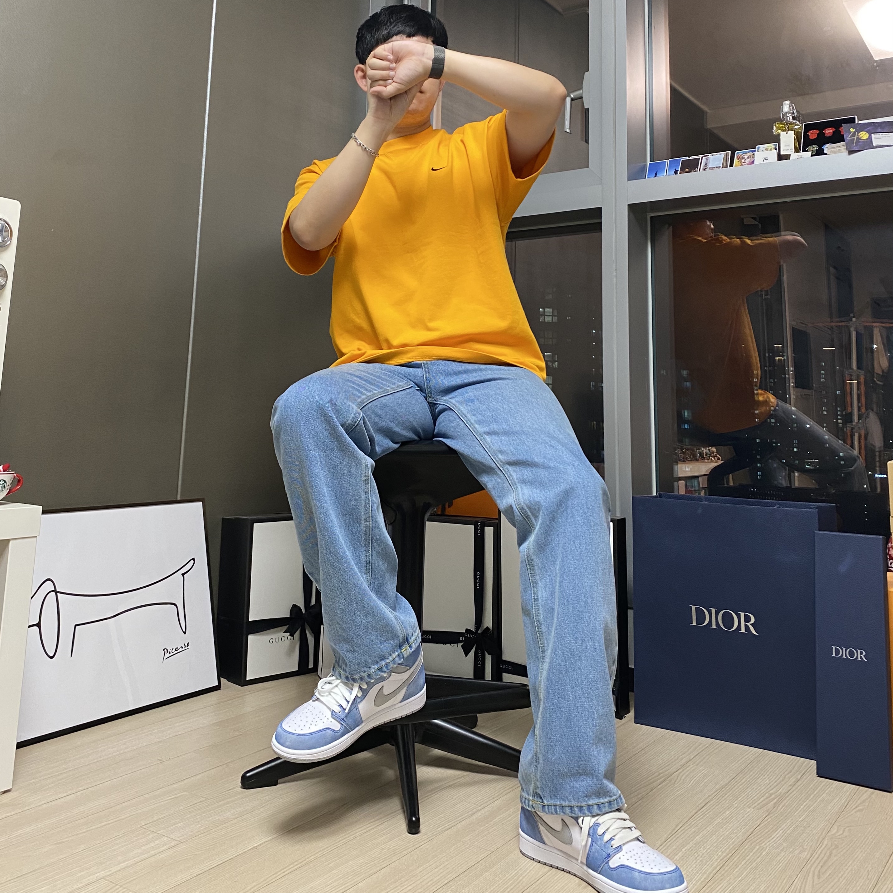 Jordan 1 Retro High OG Hyper Royal, Nike x Kim Jones Oversized T-Shirt Circuit Orange - Asia 착용 스타일
