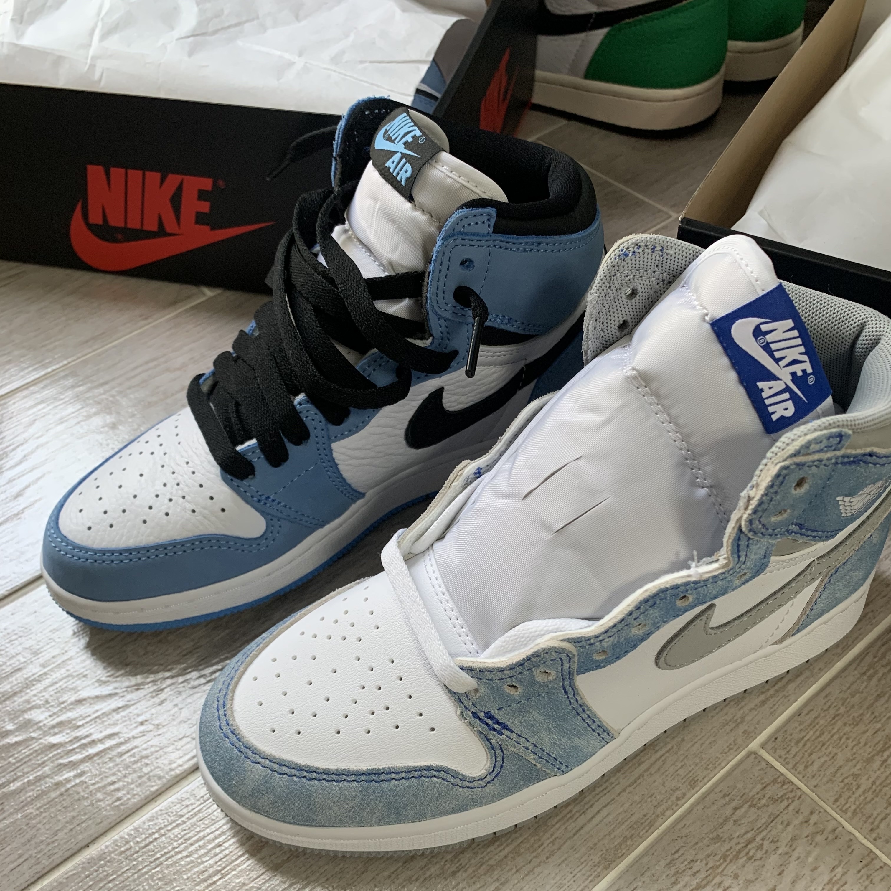 (W) Jordan 1 Retro High OG Lucky Green, (GS) Jordan 1 Retro High OG University Blue 착용 스타일 - 2
