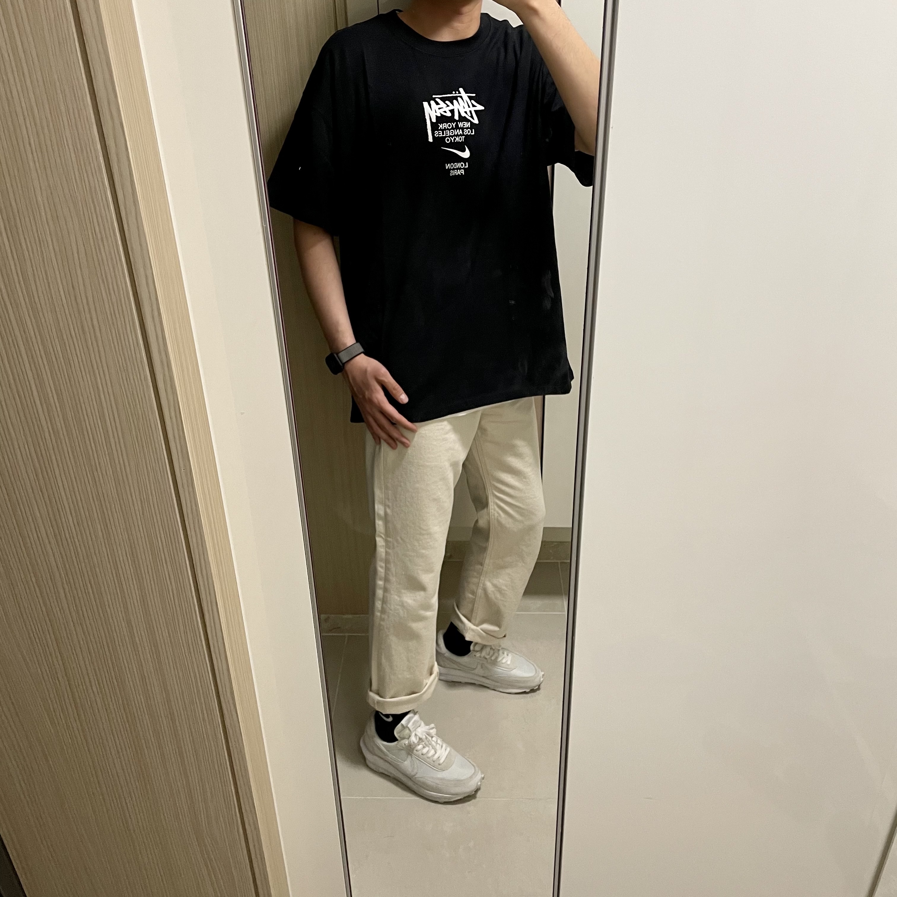 Nike x Stussy WT T-Shirt Black - US/EU, Nike x Sacai LDWaffle White Nylon 착용 스타일