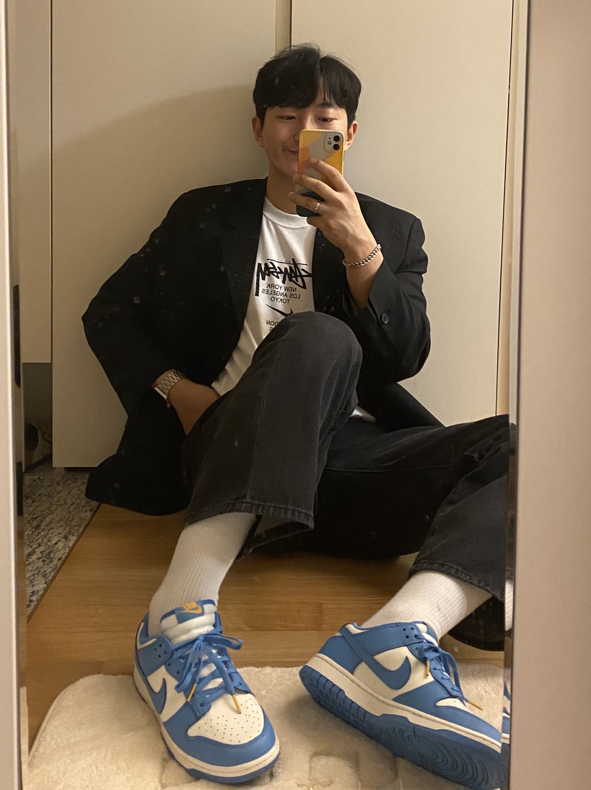 (W) Nike Dunk Low Coast, Nike x Stussy WT T-Shirt White - US/EU 착용 스타일