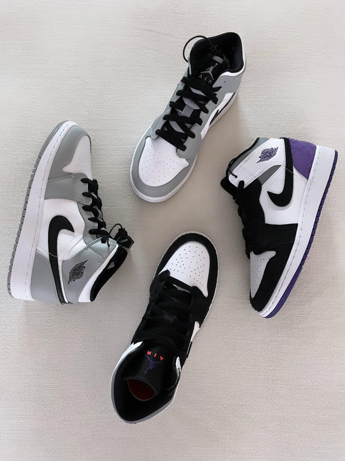 Jordan 1 Mid Light Smoke Grey, (GS) Jordan 1 Mid SE Court Purple 착용 스타일