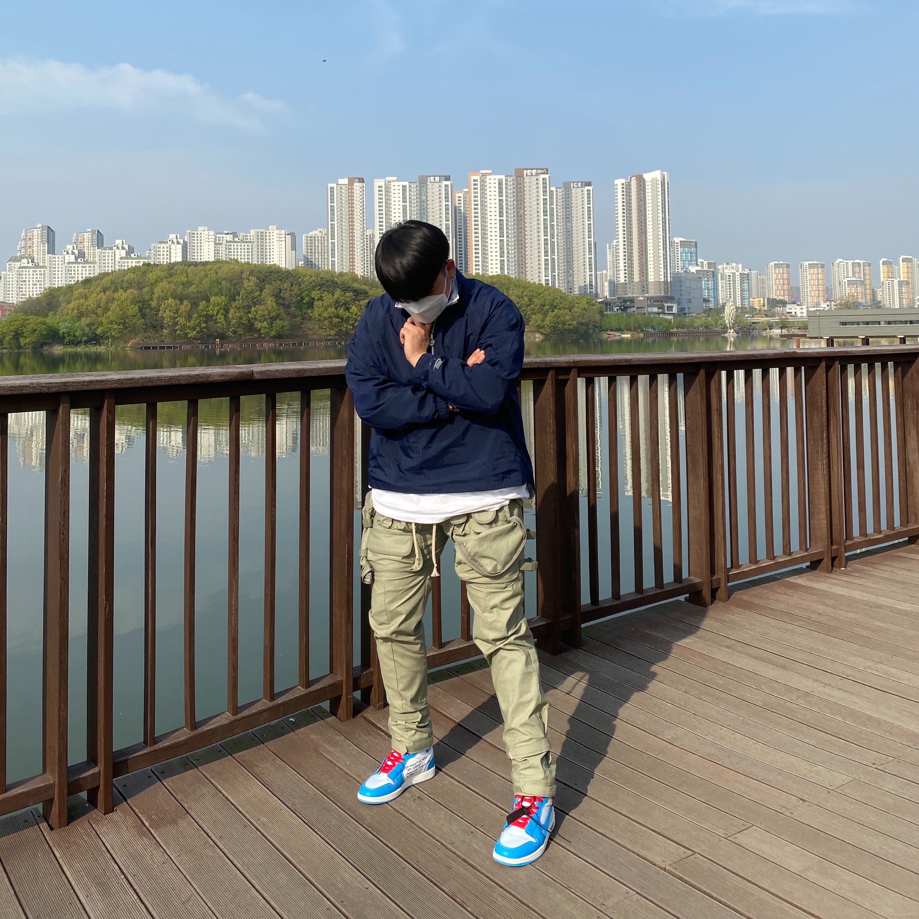 Jordan 1 x Off-White Retro High University Blue, Nike x Kim Jones Reversible Wind Breaker Navy - US/EU 착용 스타일