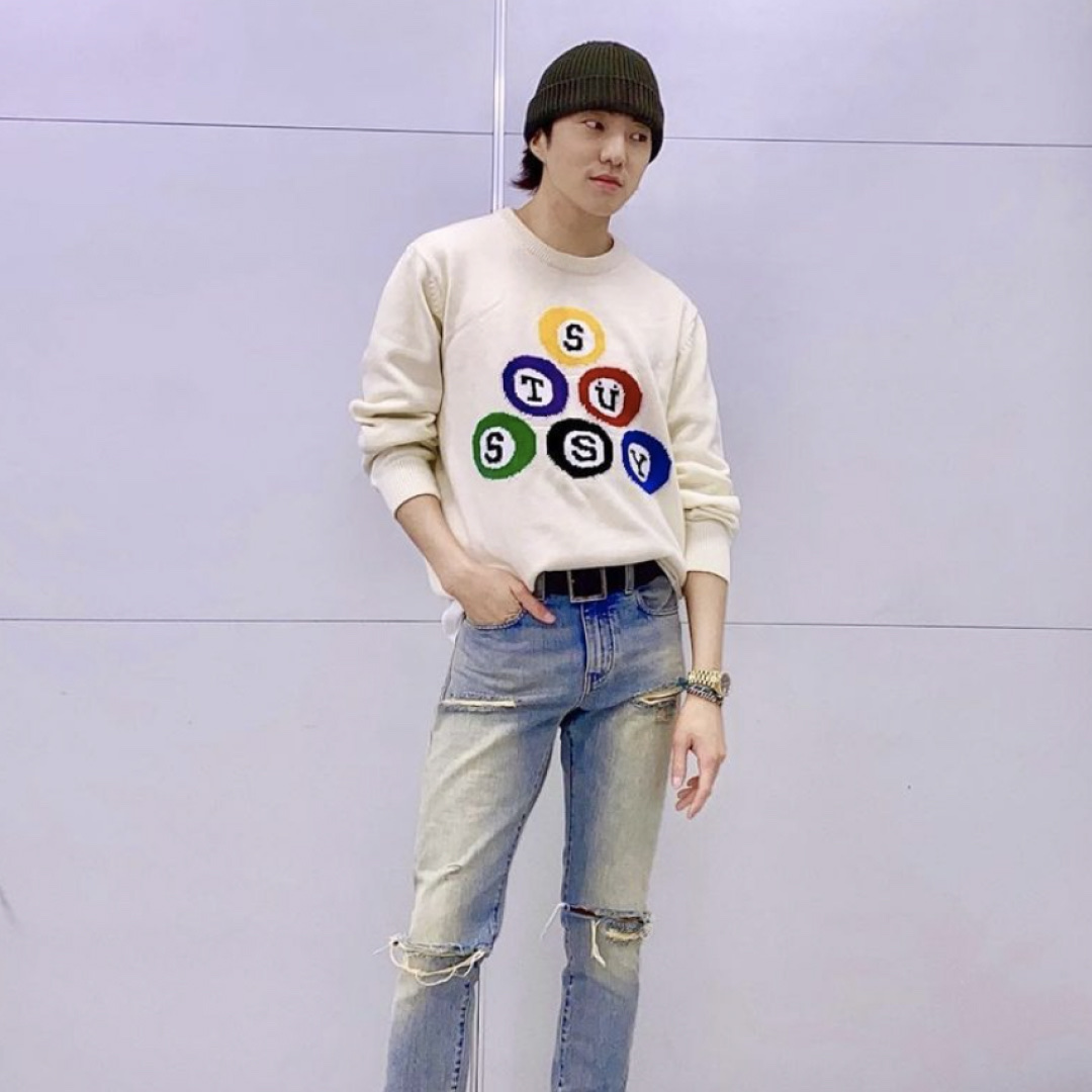Stussy Billiard Sweater Natural, Stussy Billiard Sweater Navy 착용 스타일 - 3