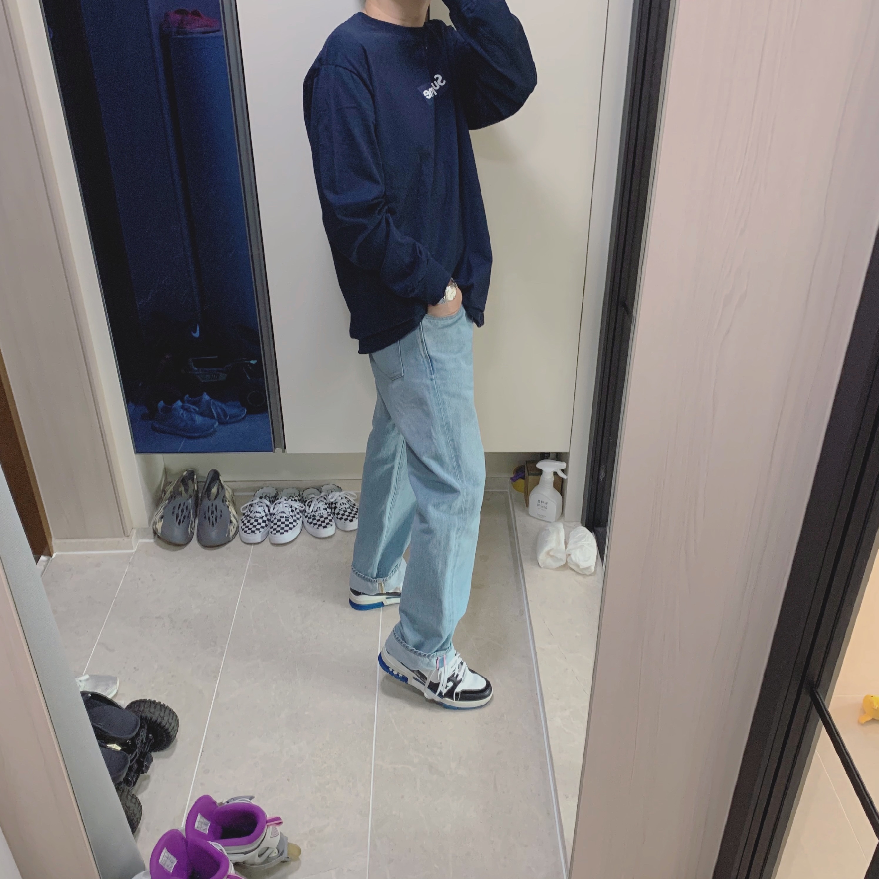 Supreme Box Logo L/S T-Shirt Navy - 20FW 착용 스타일 - 2