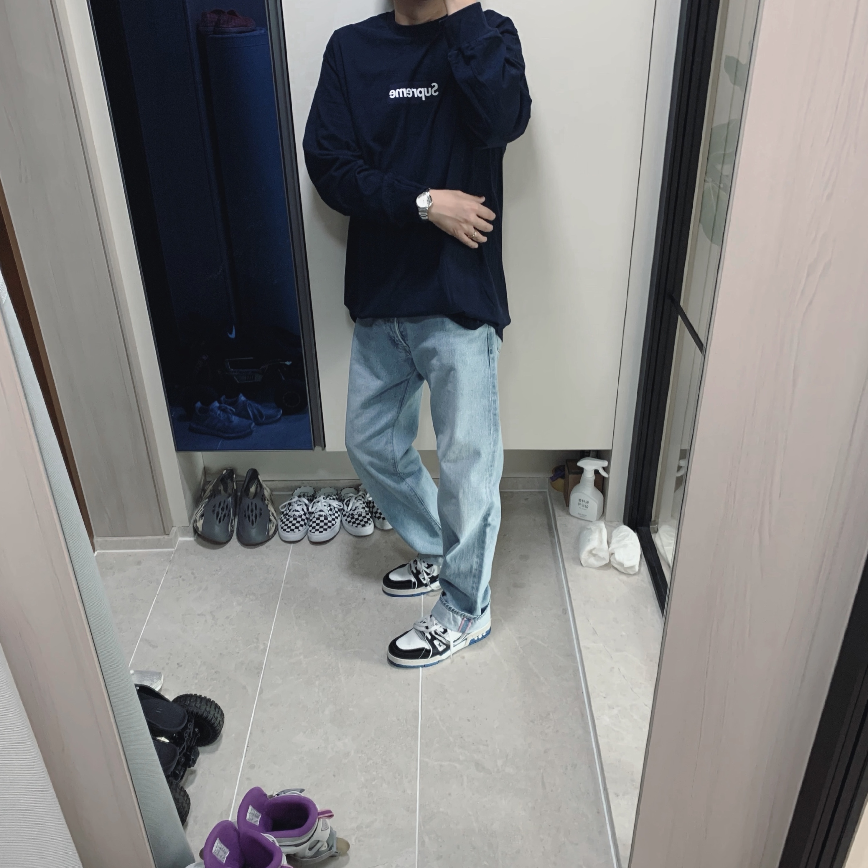 Supreme Box Logo L/S T-Shirt Navy - 20FW 착용 스타일 - 1