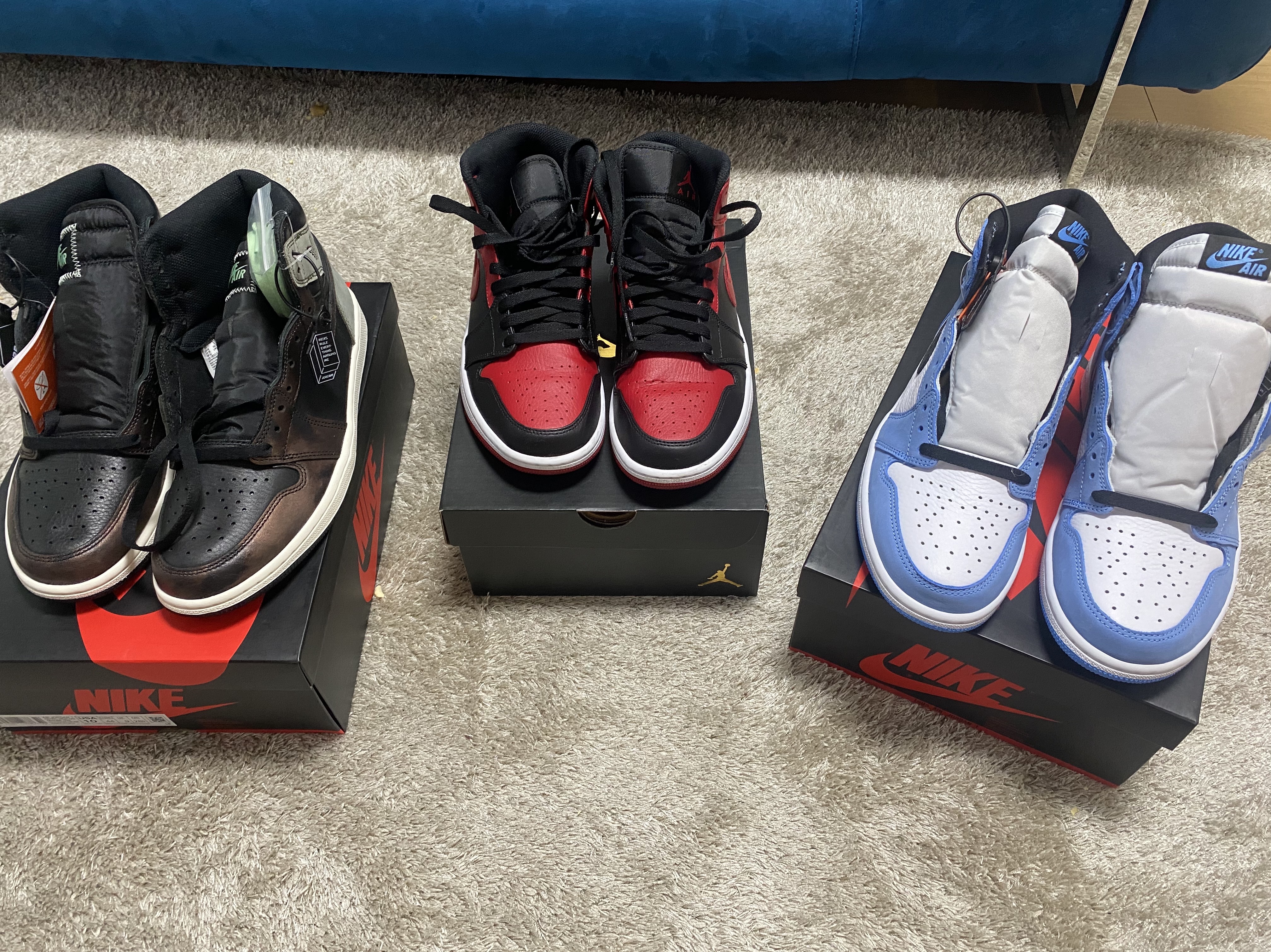 Jordan 1 Retro High OG University Blue, Jordan 1 Retro High OG Rust Shadow 착용 스타일