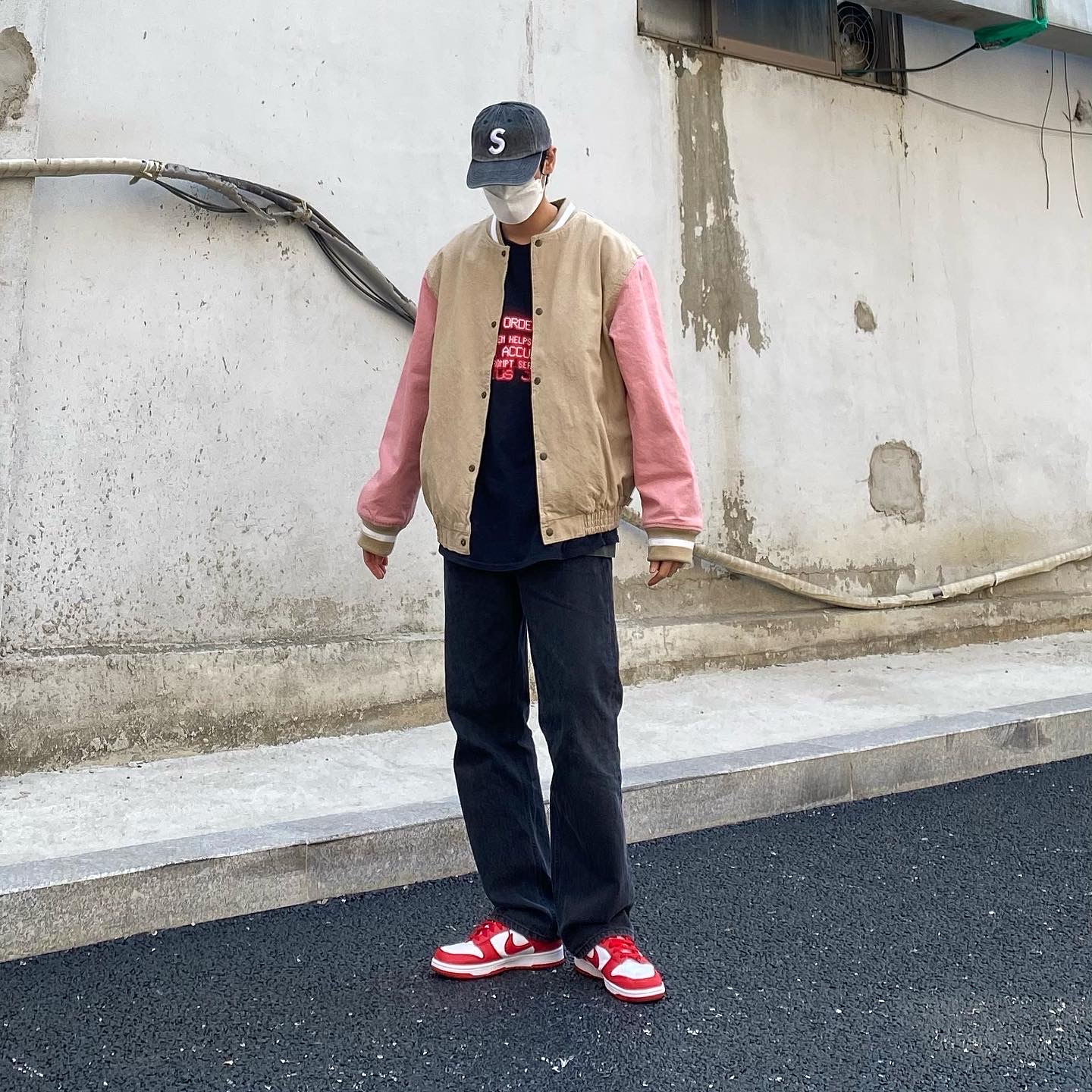 Nike Dunk Low SP University Red 2020, Supreme Pigment Print S Logo 6-Panel Black - 20SS 착용 스타일