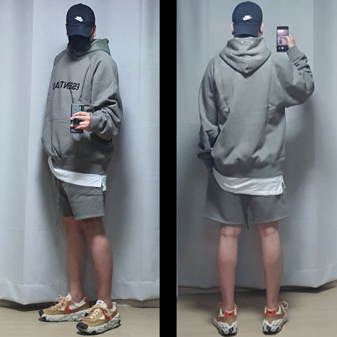 Essentials 3D Silicon Applique Pullover Hoodie Cement - 20FW, Essentials Fleece Shorts Cement - 20FW 착용 스타일
