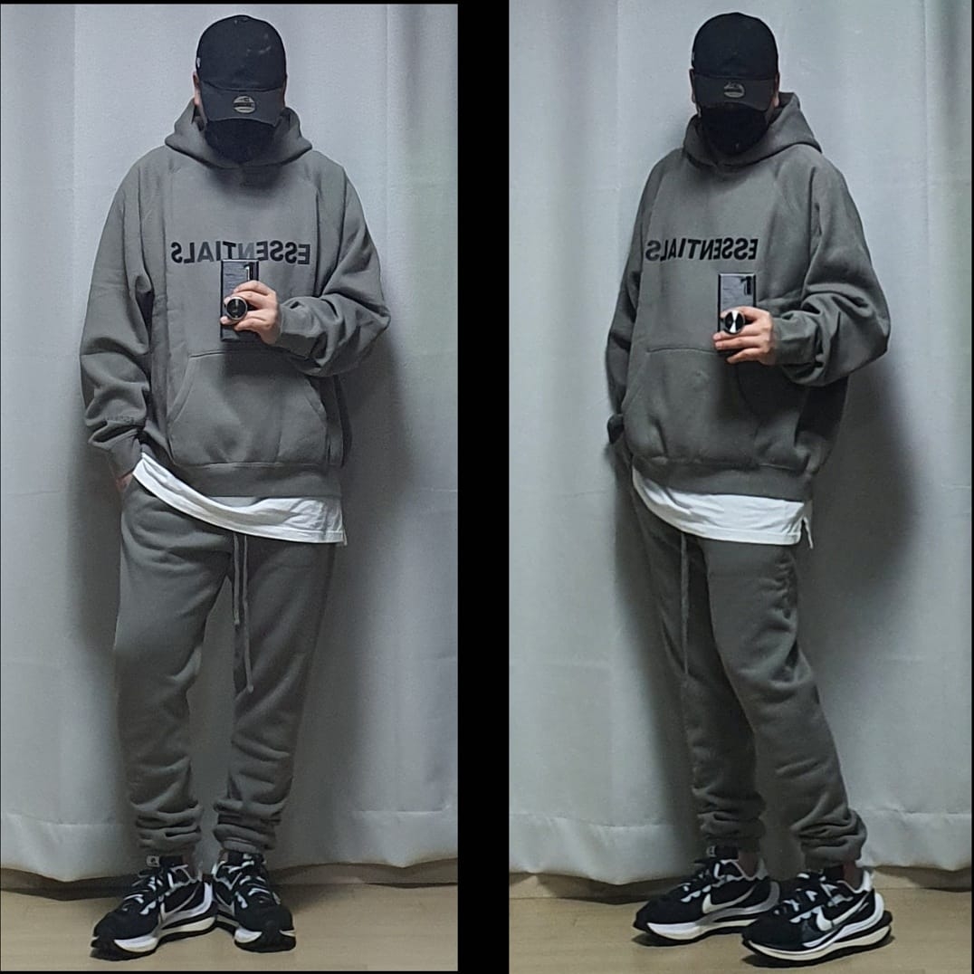Essentials 3D Silicon Applique Pullover Hoodie Gray Flannel/Charcoal - 20SS, Essentials Sweatpants Gray Flannel/Charcoal - 20SS 착용 스타일