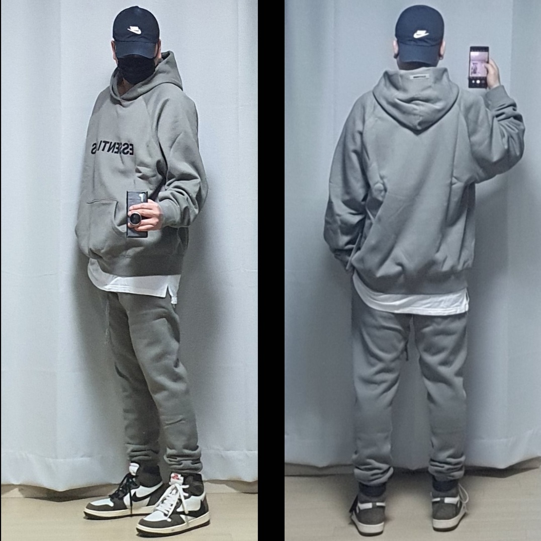 Essentials 3D Silicon Applique Pullover Hoodie Cement - 20FW, Essentials Sweatpants Cement - 20FW 착용 스타일