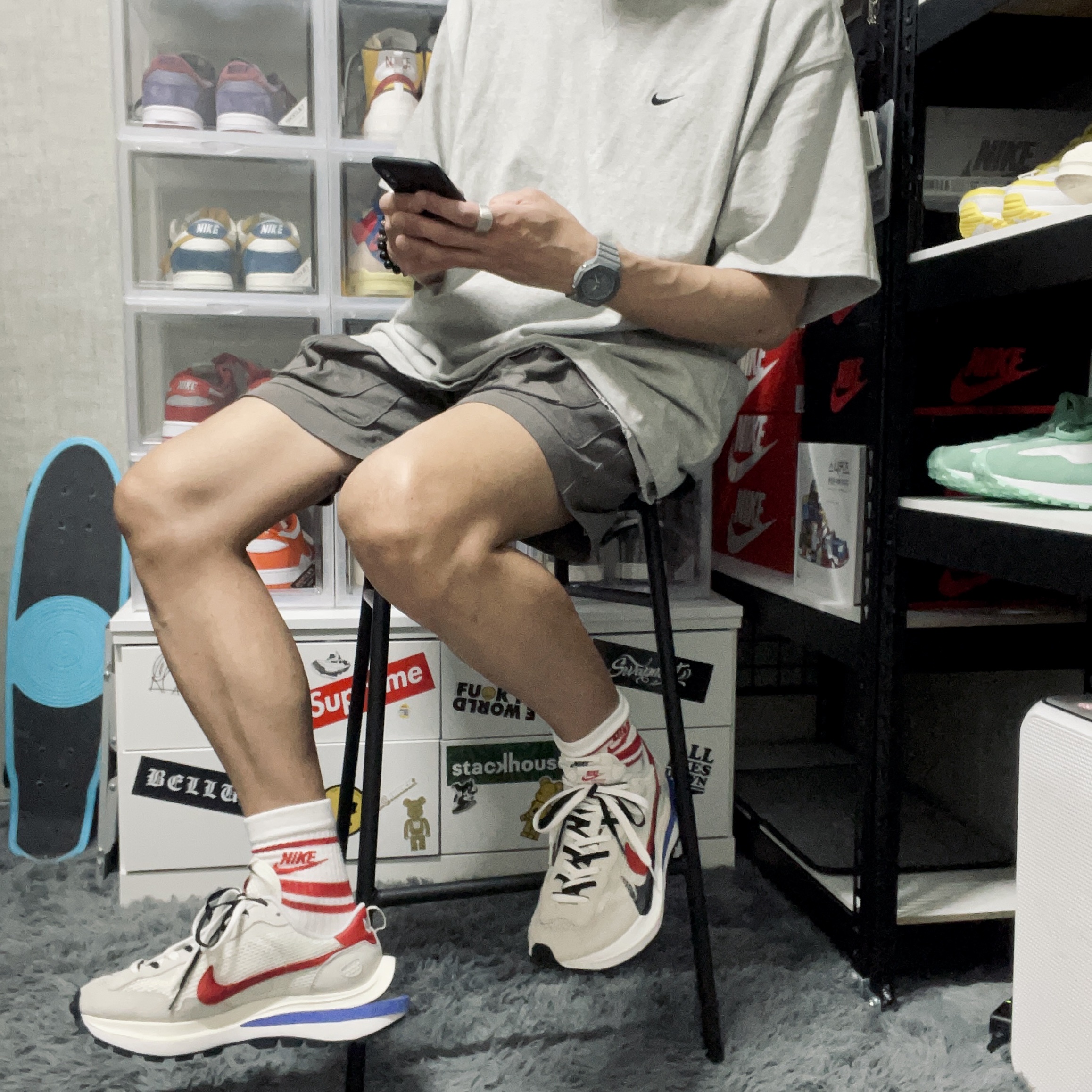 Nike x Sacai VaporWaffle Royal Fuchsia, Nike x Kim Jones Oversized T-Shirt Grey Heather - US/EU 착용 스타일