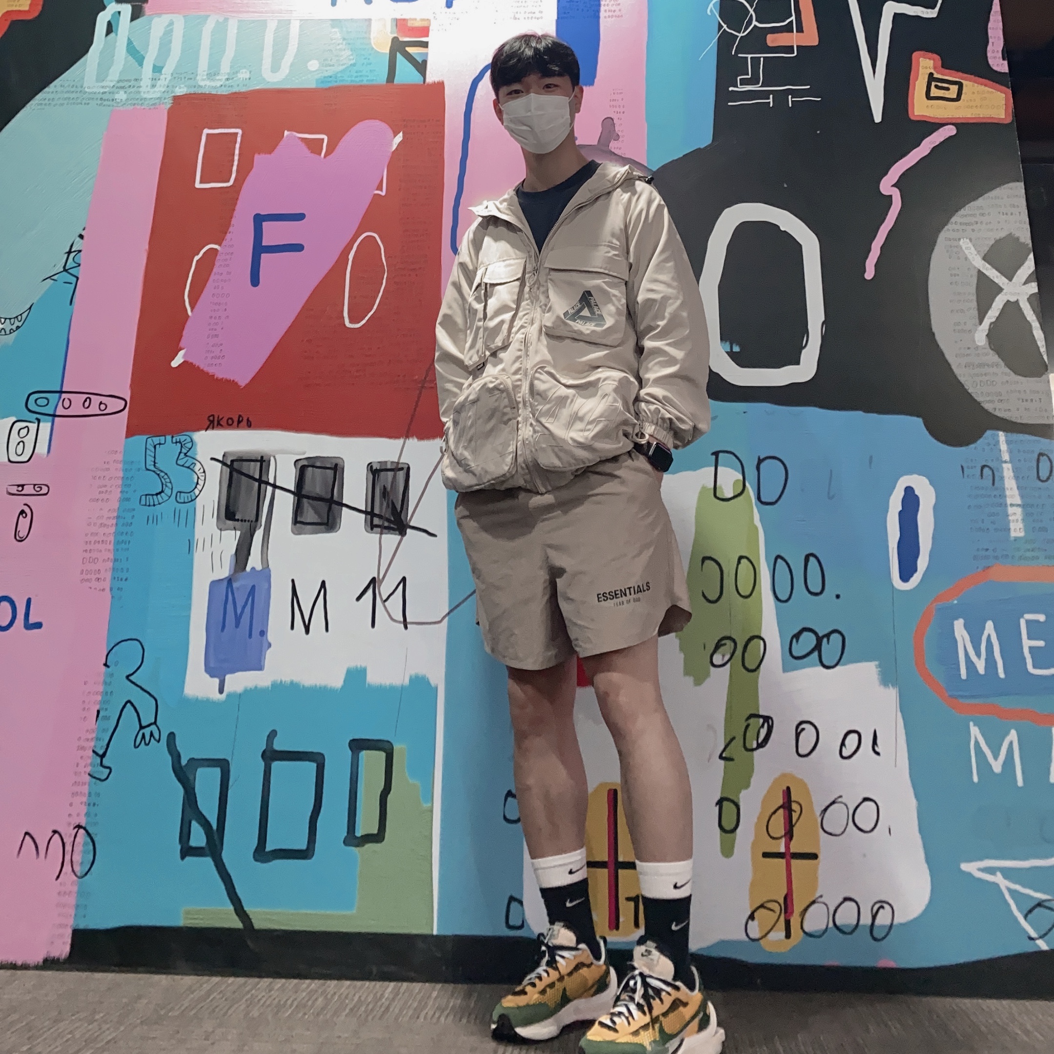 Palace Pal Is Ace Jacket Stone - 21SS, Essentials Volley Shorts Moss - 20SS 착용 스타일
