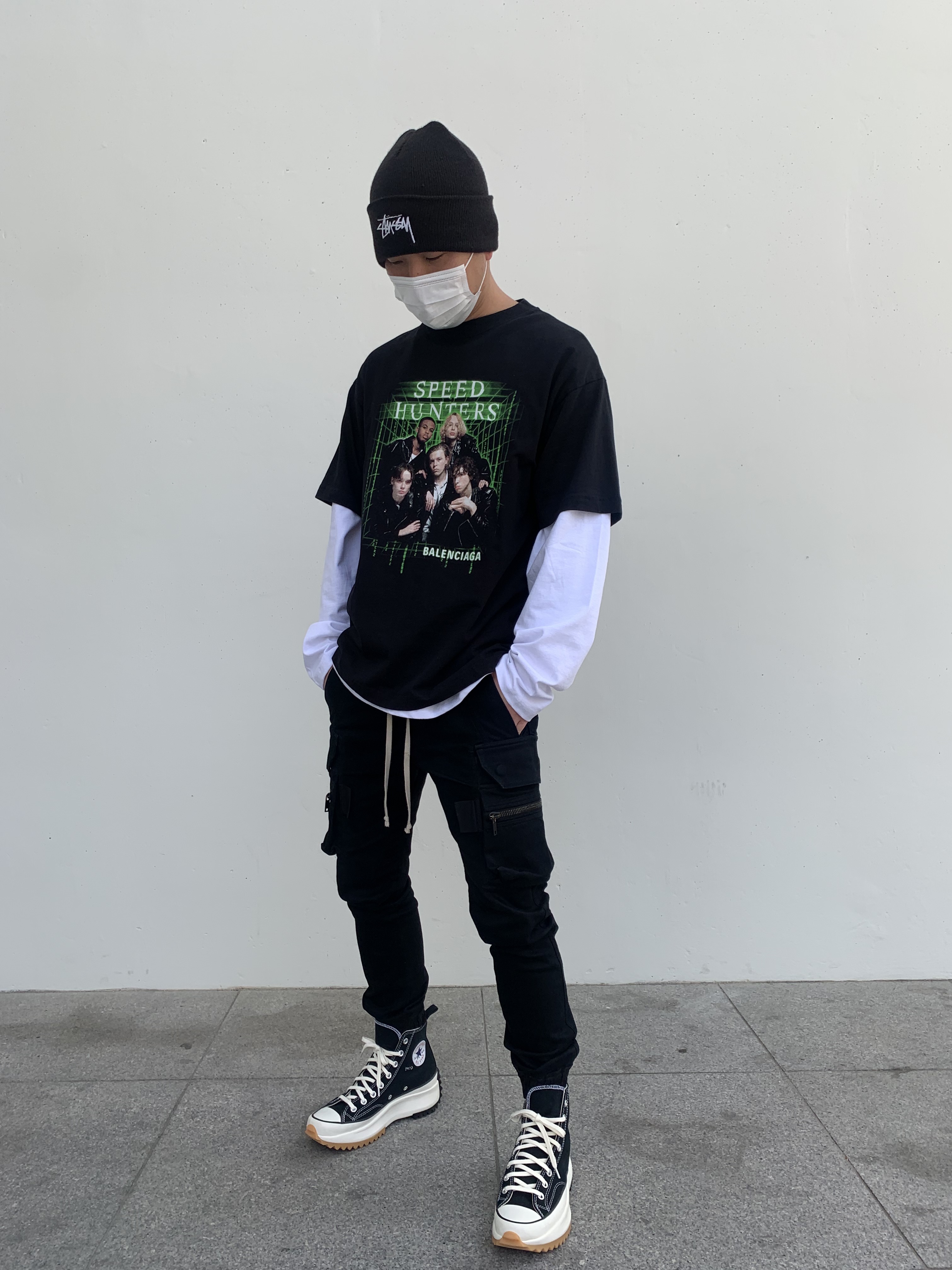 Converse x JW Anderson Run Star Hike Hi Black, Nike x Stussy Cuff Beanie Black 착용 스타일