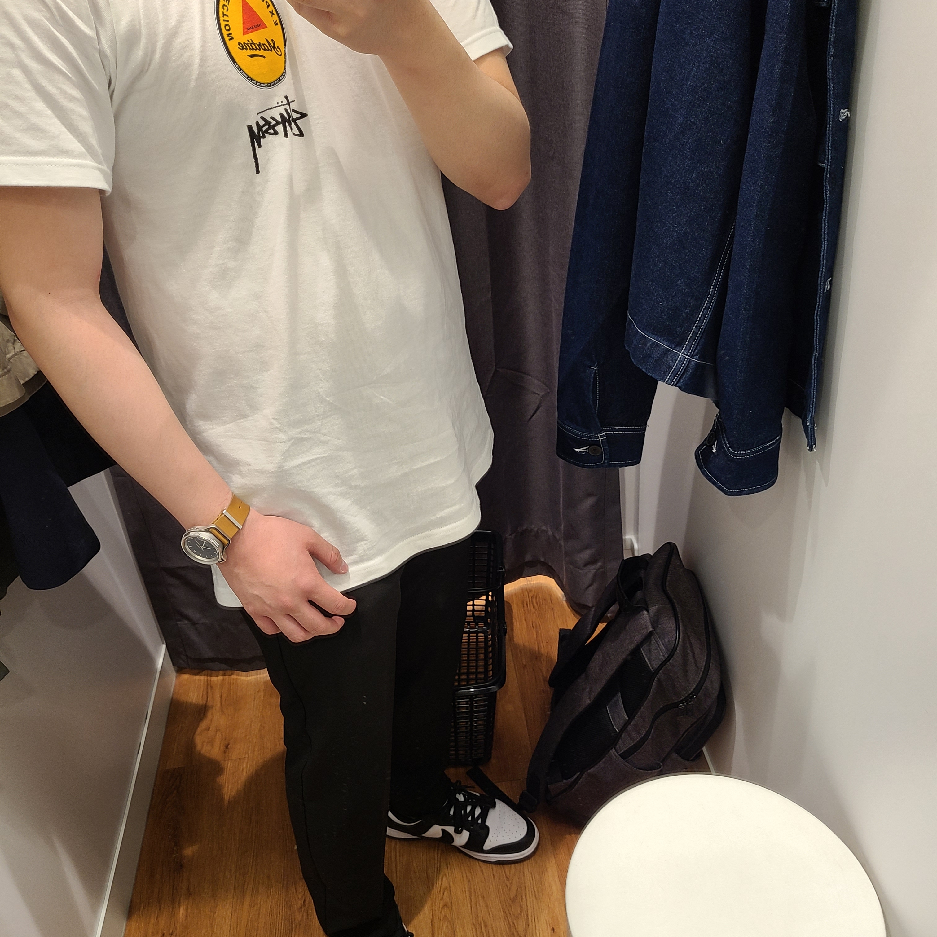 Stussy x Martine Rose 40 WT T-Shirt, Nike Dunk Low Retro Black 착용 스타일
