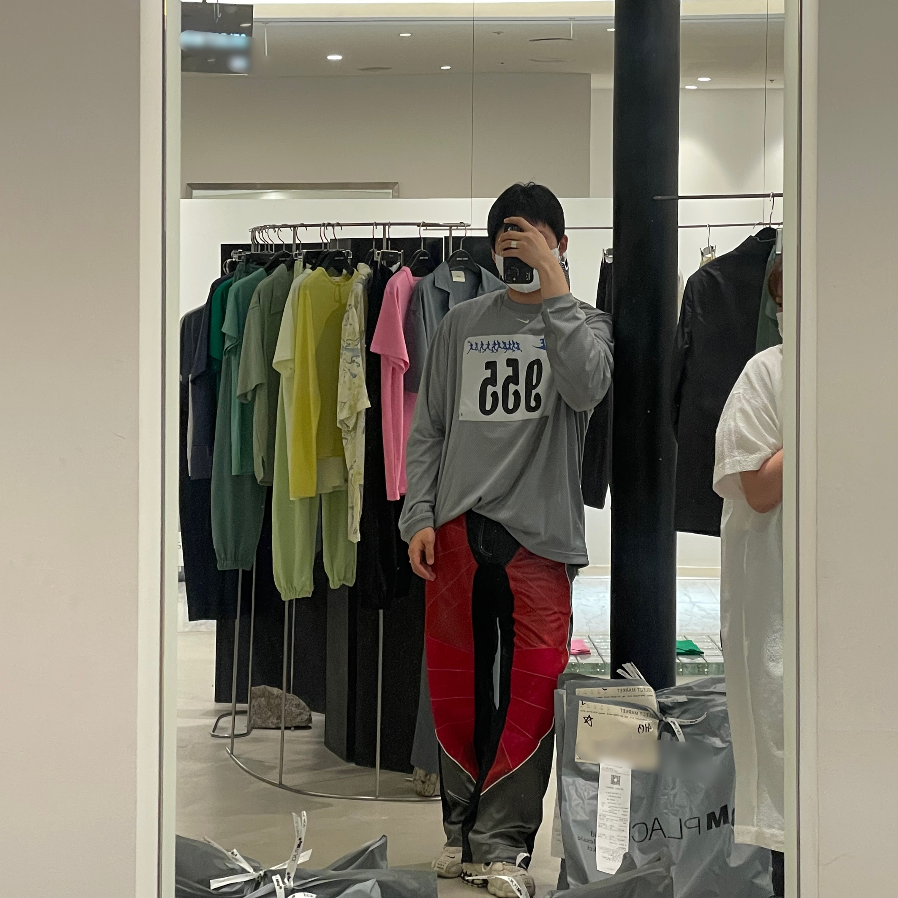 Nike x Cactus Plant Flea Market L/S Jersey Grey - US/EU, Nike x Cactus Plant Flea Market MX Rave Pants Red Grey Black - US/EU 착용 스타일