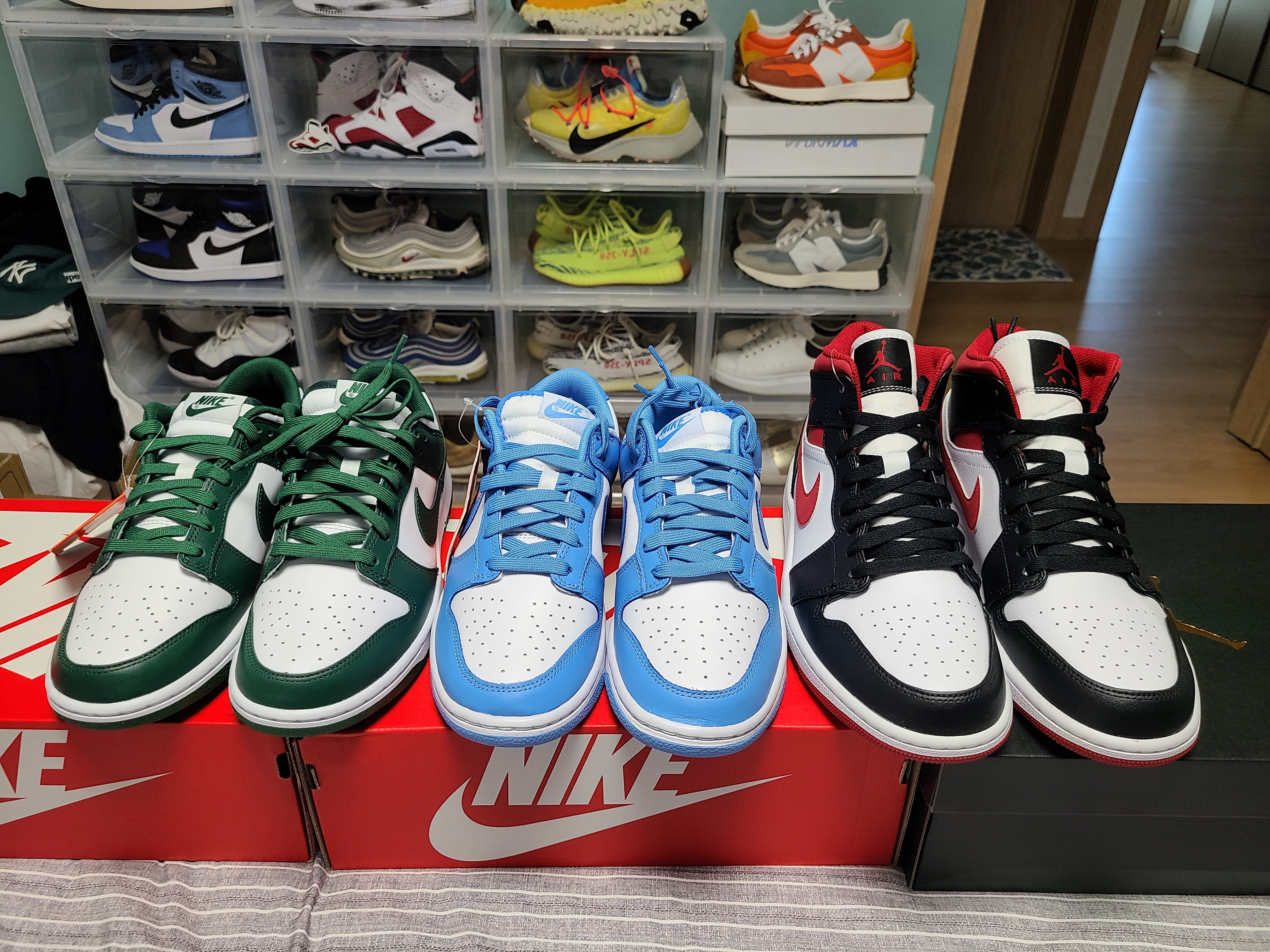 Nike Dunk Low Retro Varsity Green, Nike Dunk Low Retro University Blue 착용 스타일