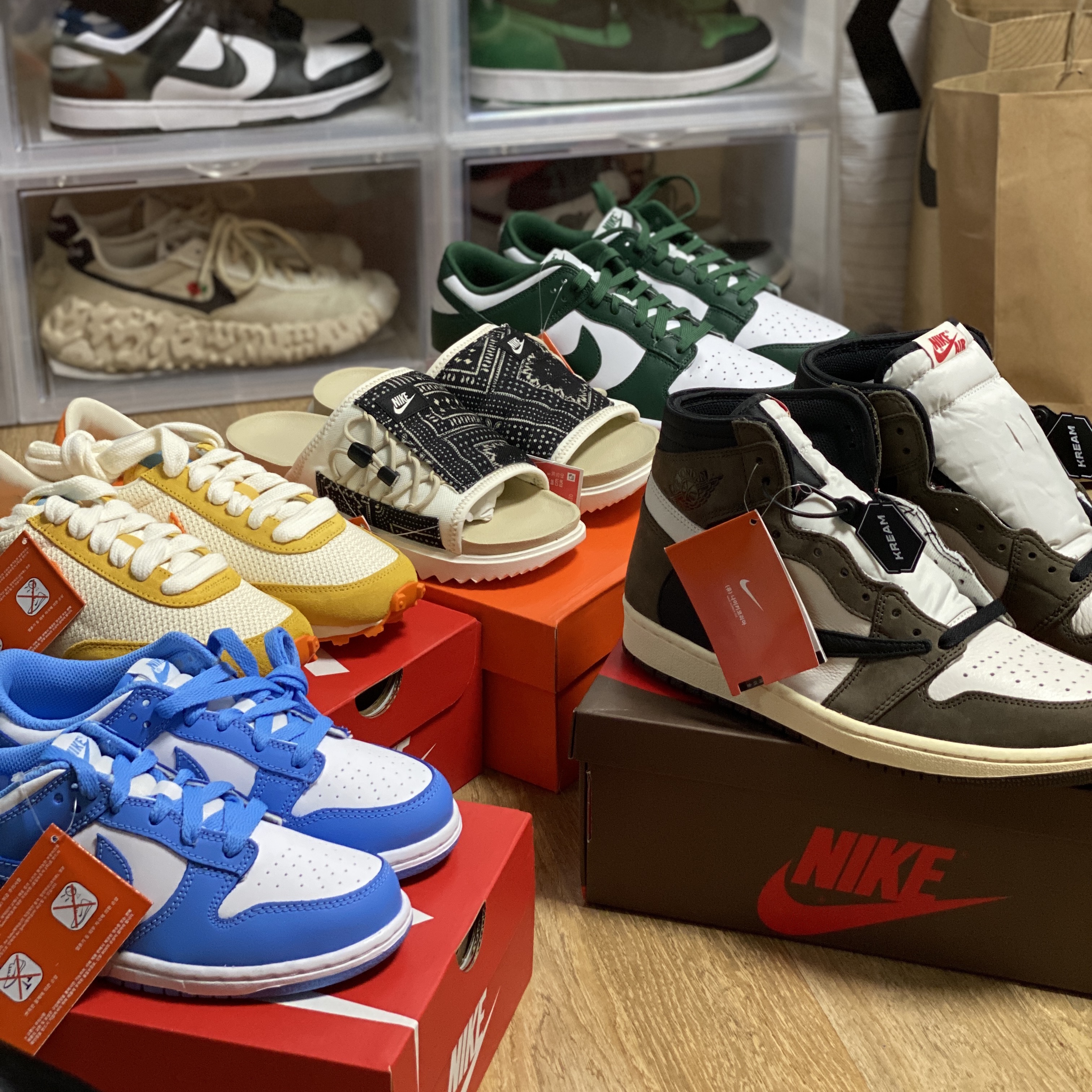 (PS) Nike Dunk Low University Blue, (W) Nike Daybreak Magma Orange 착용 스타일