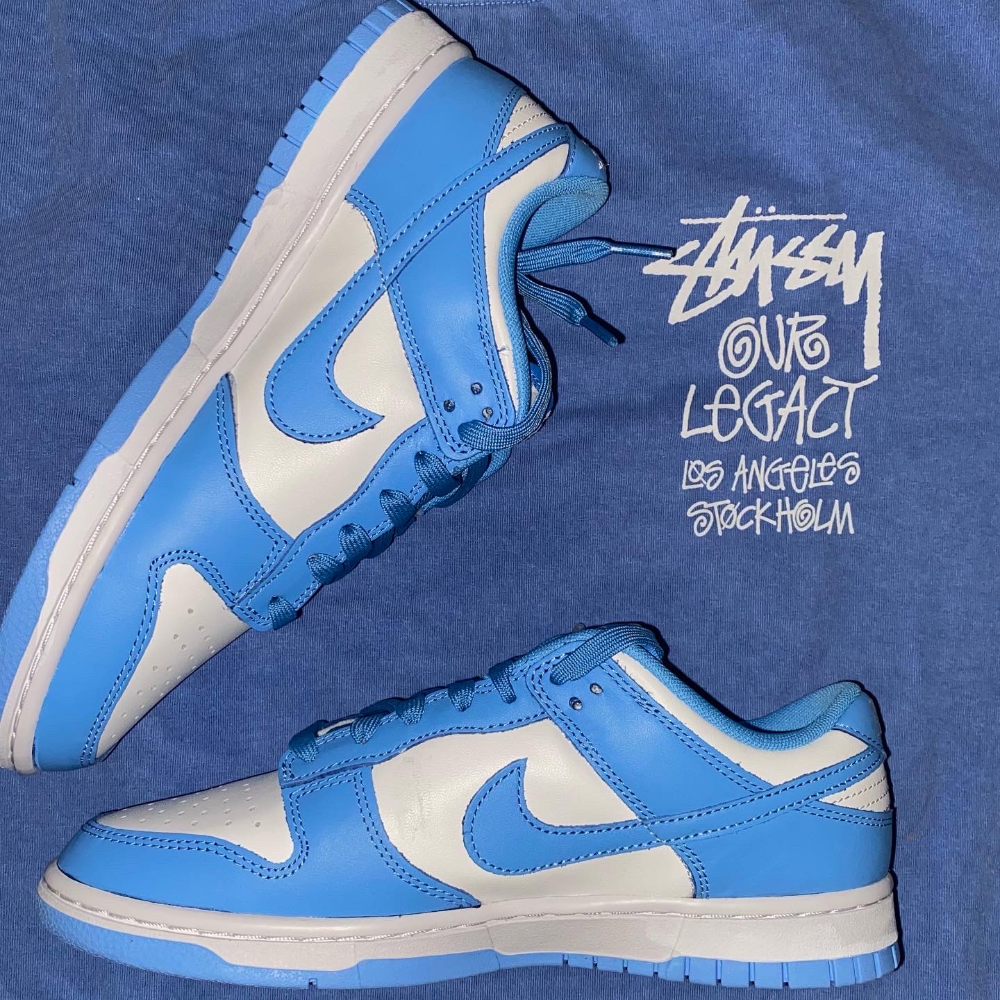 Jordan 1 Retro High OG University Blue, Stussy x Our Legacy Surfman T-Shirt Blue - 21SS 착용 스타일 - 2