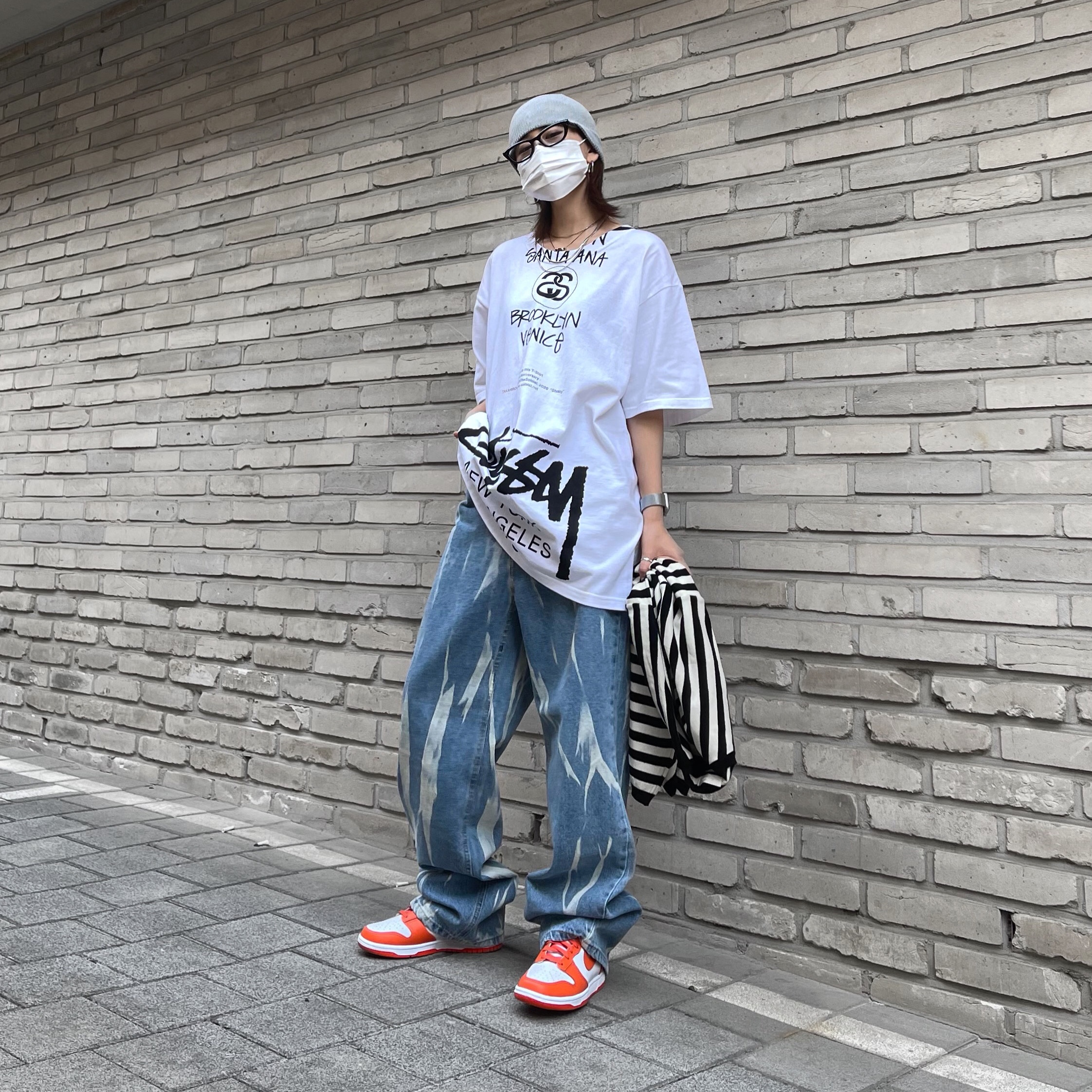 (W) Nike Dunk High Orange Blaze, Stussy x Takahiromiyashita The Soloist 40 WT T-Shirt 착용 스타일