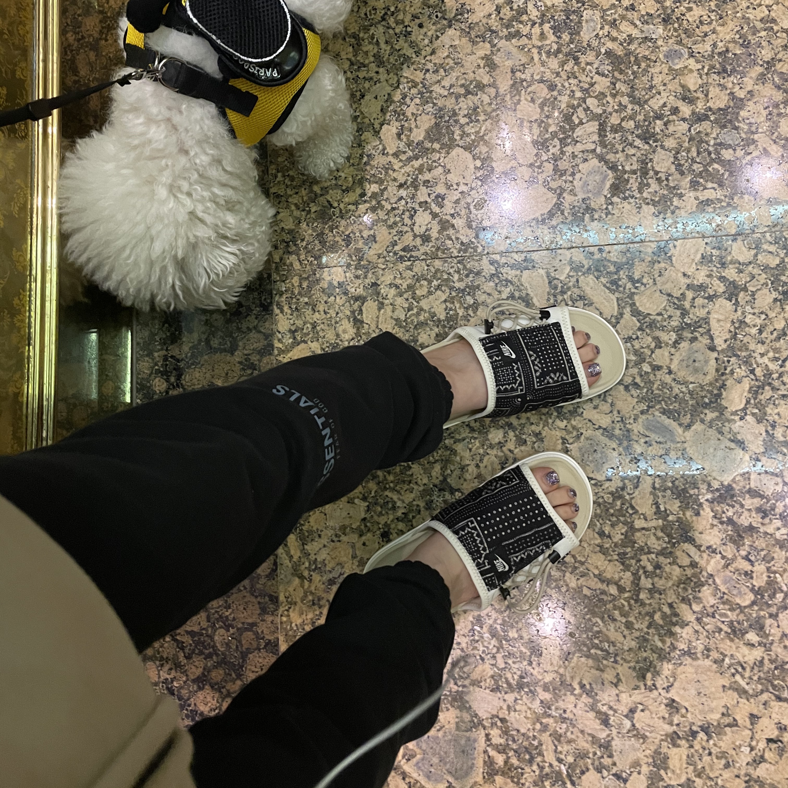 Essentials Sweatpants Dark Slate/Black 2020, Nike Asuna Slide Pale Ivory Rattan 착용 스타일 - 1