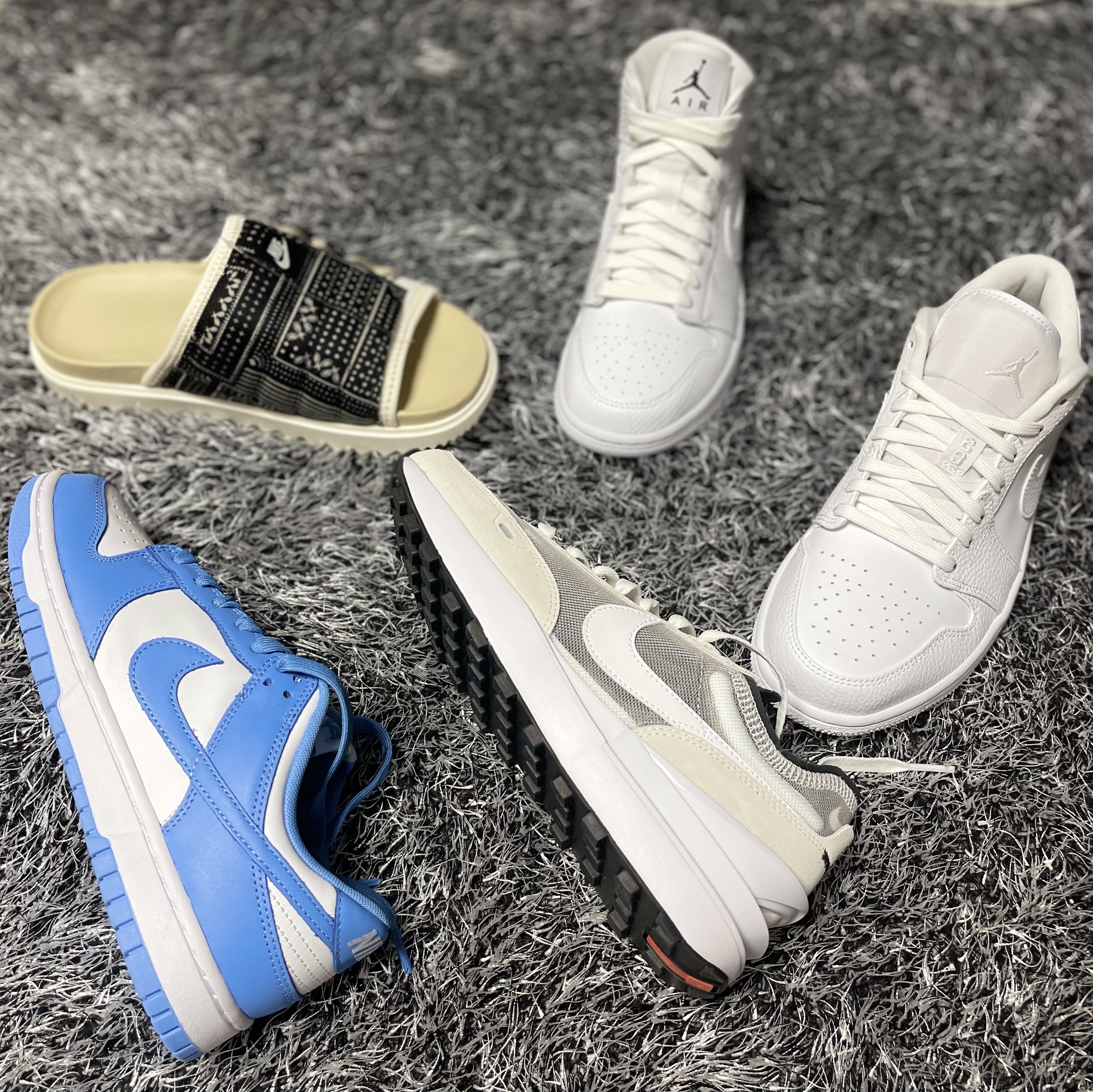 Nike Waffle One Infinite Lilac, Jordan 1 Low Triple White Tumbled Leather 2020 착용 스타일