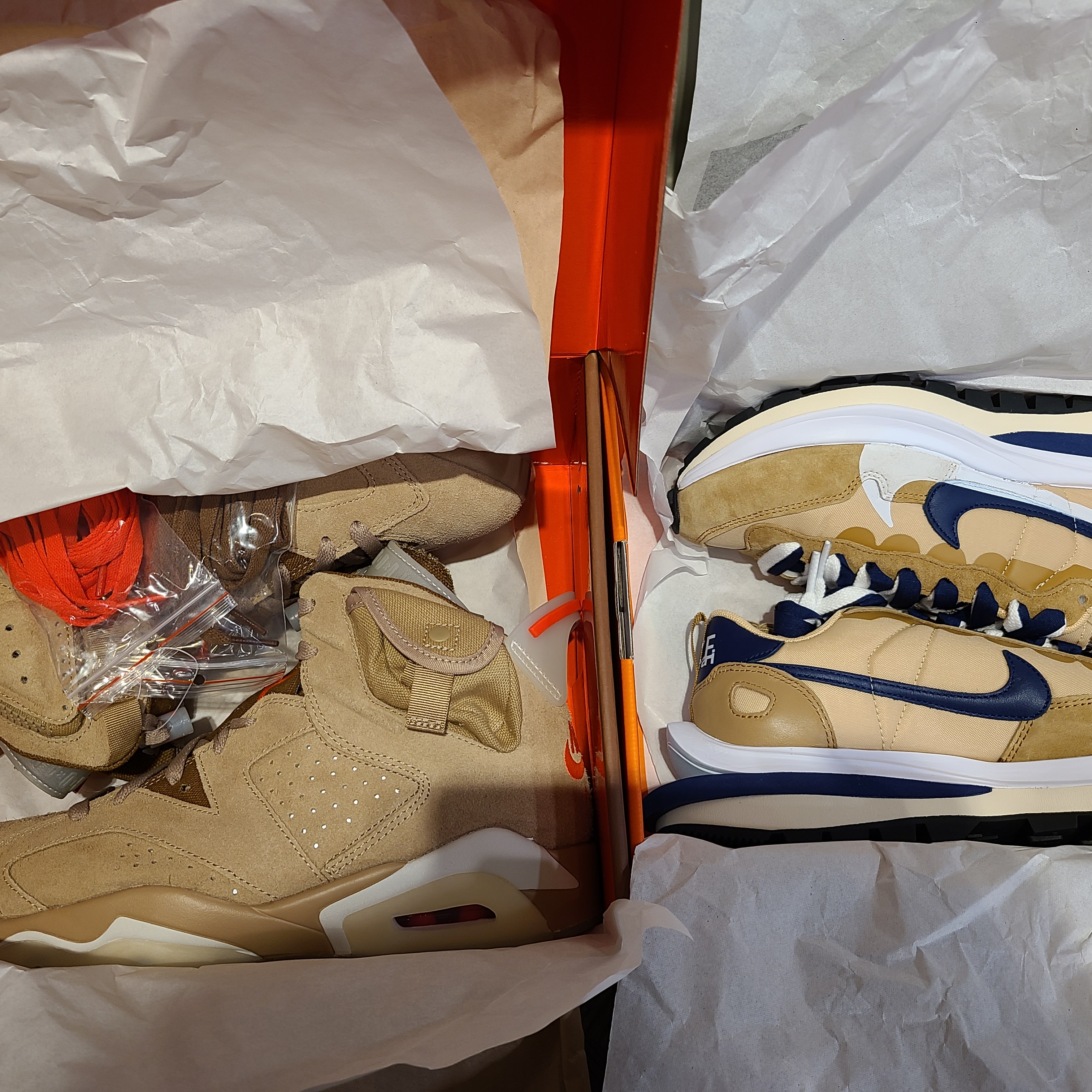 Jordan 6 x Travis Scott Retro SP British Khaki, Nike x Sacai VaporWaffle Sesame and Blue Void 착용 스타일
