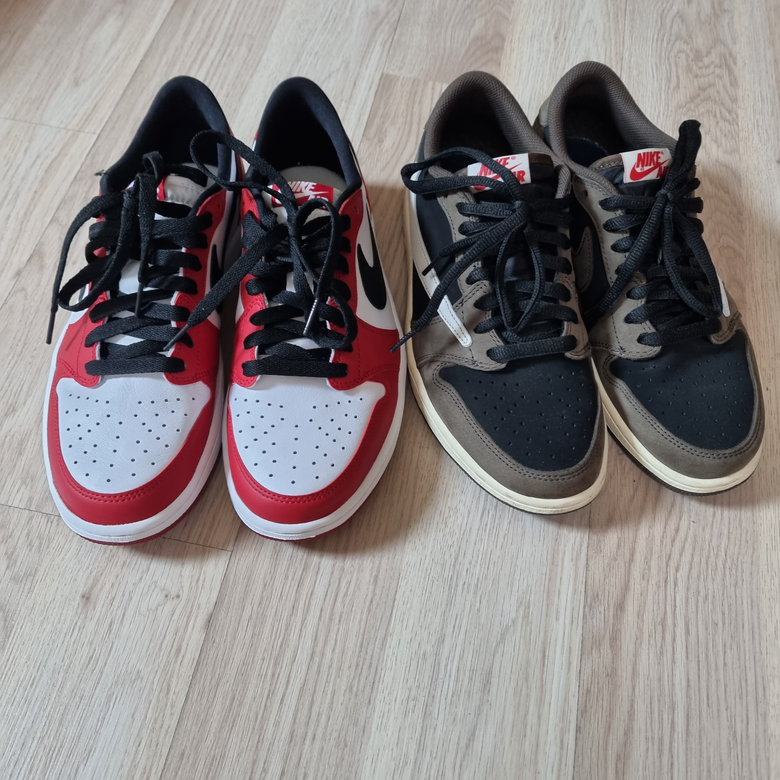 Jordan 1 Retro Low OG Chicago 2016, Jordan 1 x Travis Scott Retro Low OG SP Mocha 착용 스타일